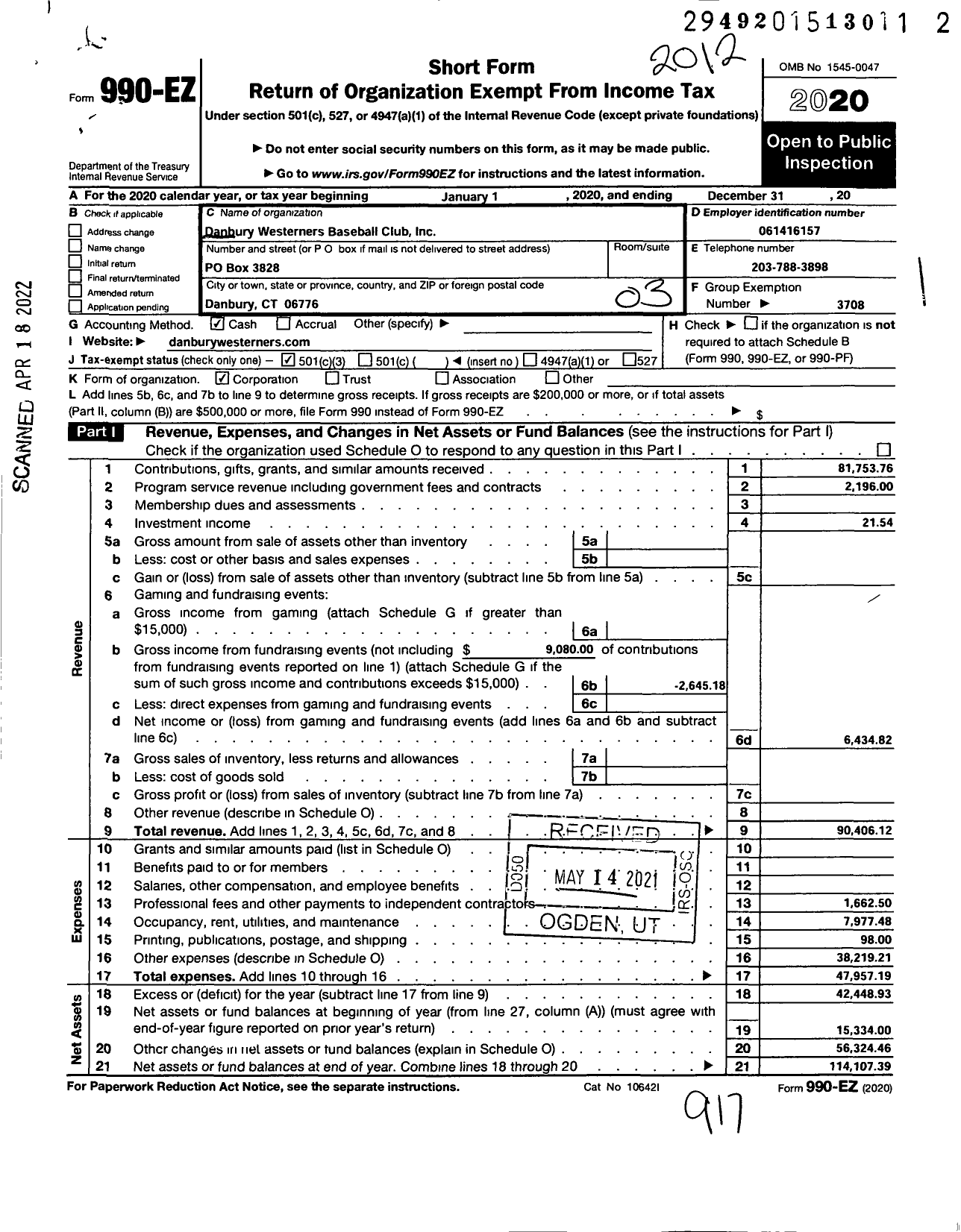 Image of first page of 2020 Form 990EZ for Danbury Westerners Baseball Club Inc Danbury Westerners