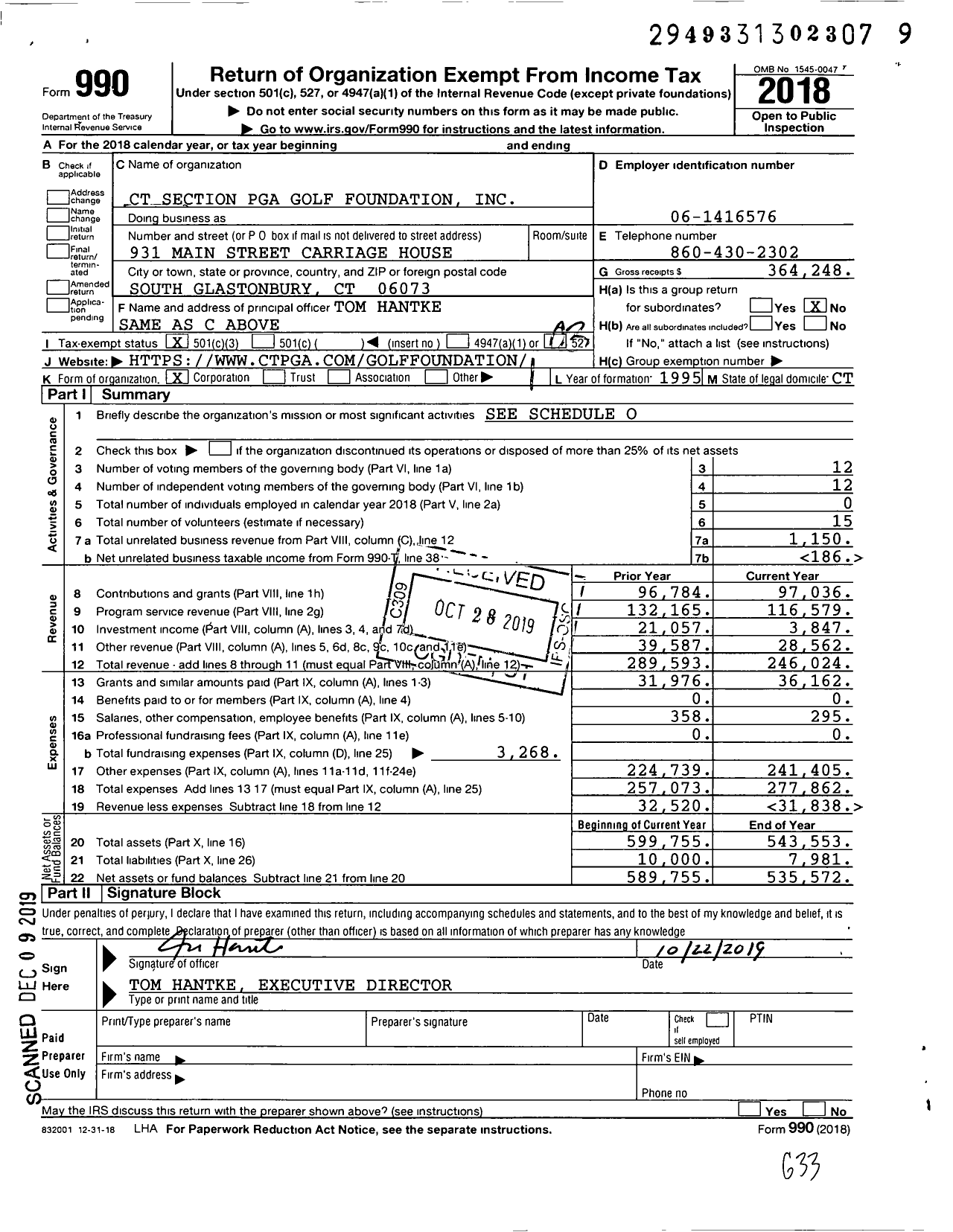 Image of first page of 2018 Form 990 for Connecticut Section Pga Golf Foundation