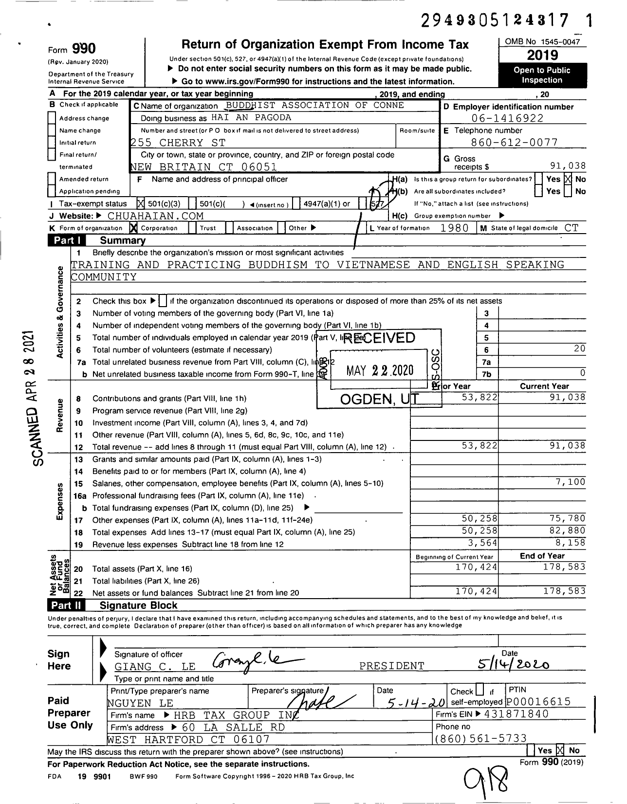 Image of first page of 2019 Form 990 for Hai An Pagoda