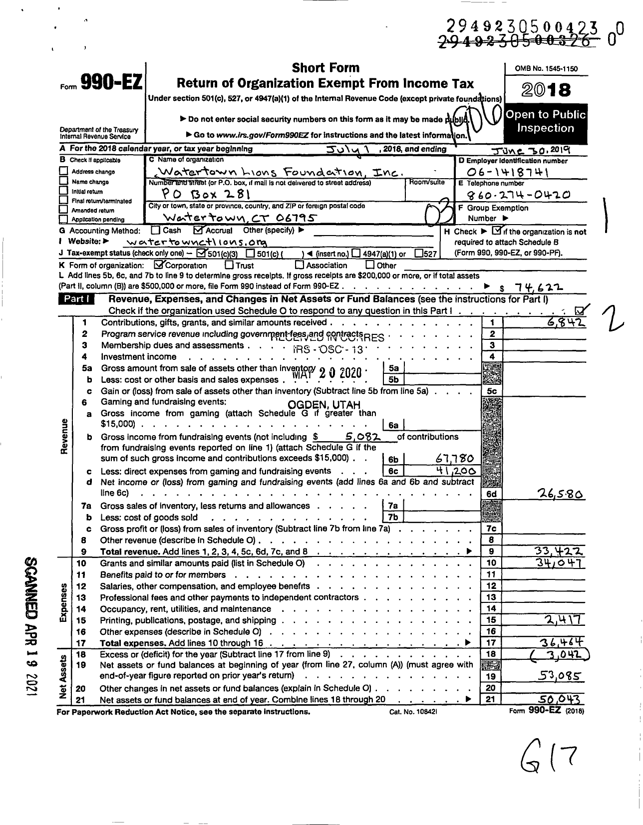 Image of first page of 2018 Form 990EZ for Watertown Lions Foundation