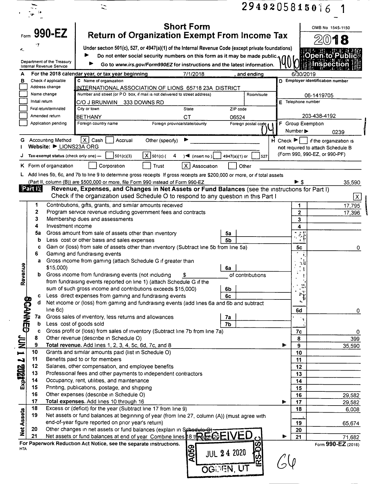 Image of first page of 2018 Form 990EO for Lions Clubs - 65718 23 A District