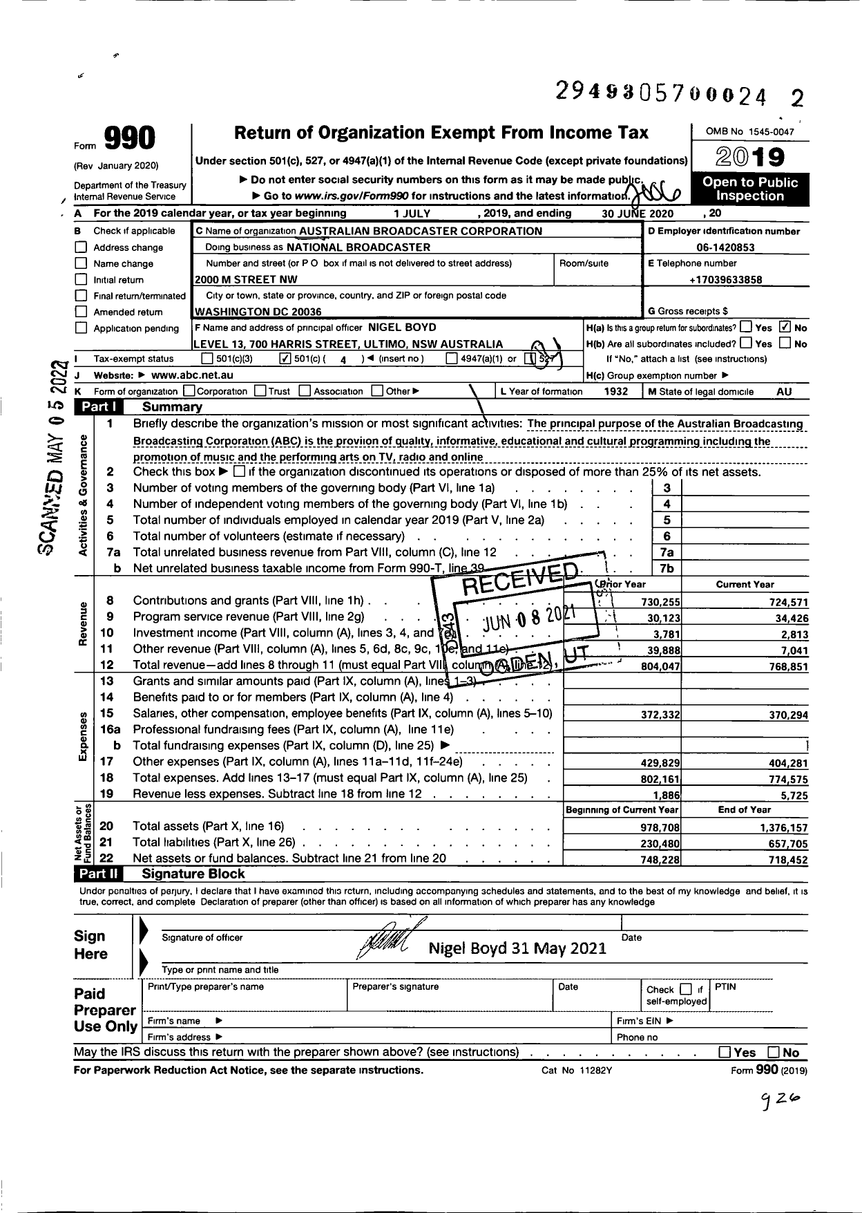 Image of first page of 2019 Form 990O for Australian Broadcasting Corporation (ABC)
