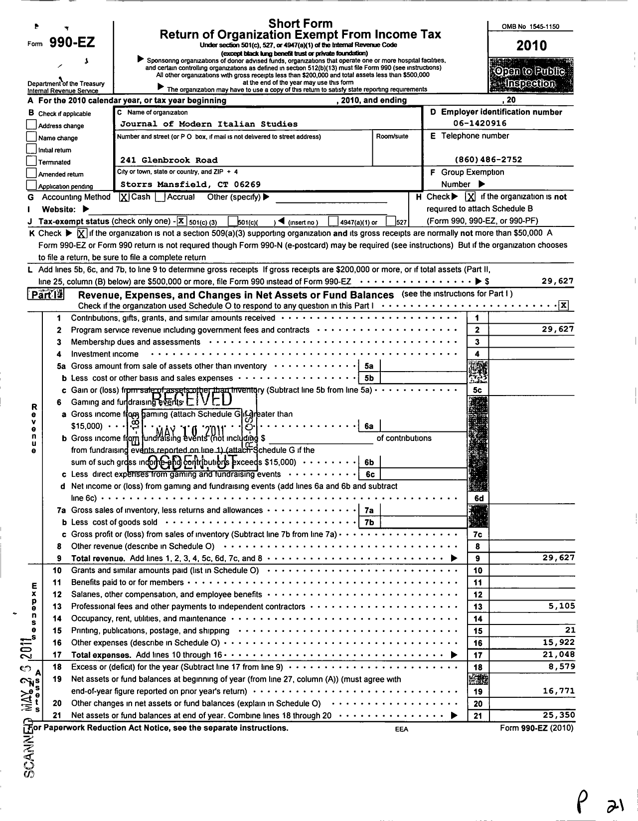 Image of first page of 2010 Form 990EZ for Journal of Modern Italian Studies