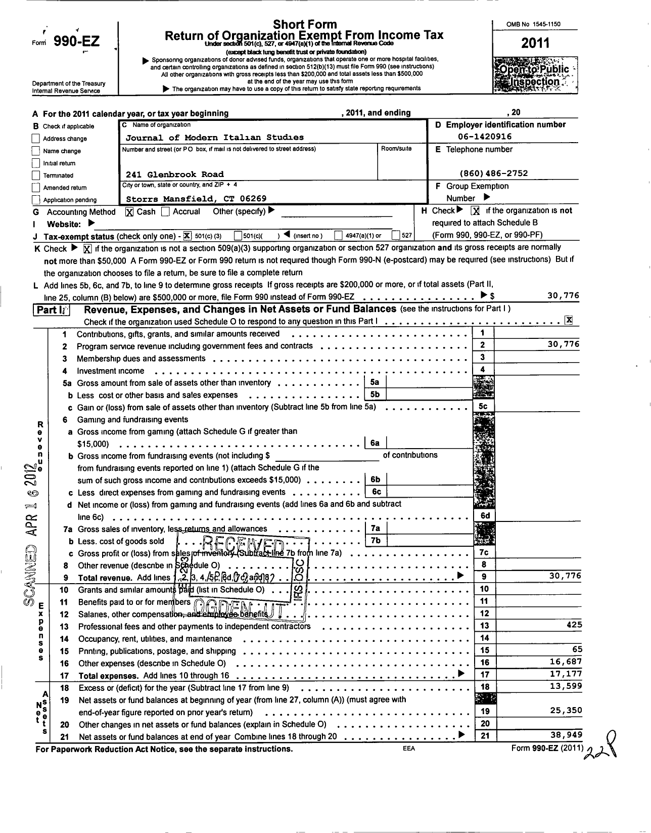 Image of first page of 2011 Form 990EZ for Journal of Modern Italian Studies