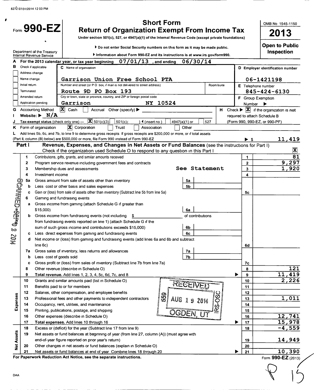 Image of first page of 2013 Form 990EZ for New York State PTA - 017-286 Garrison Union Free School