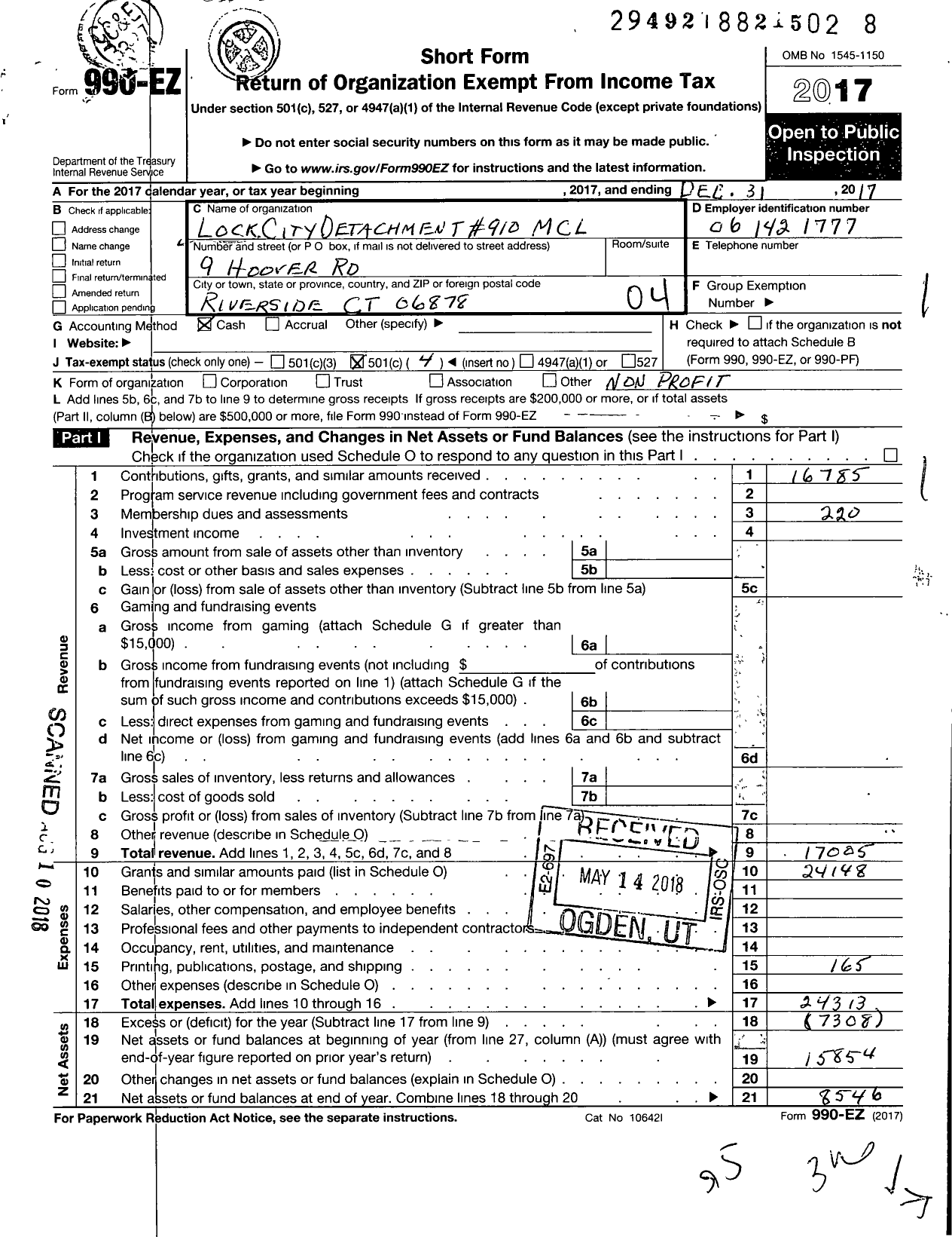 Image of first page of 2017 Form 990EO for Marine Corps League - 910 Lock City Detachment MCL