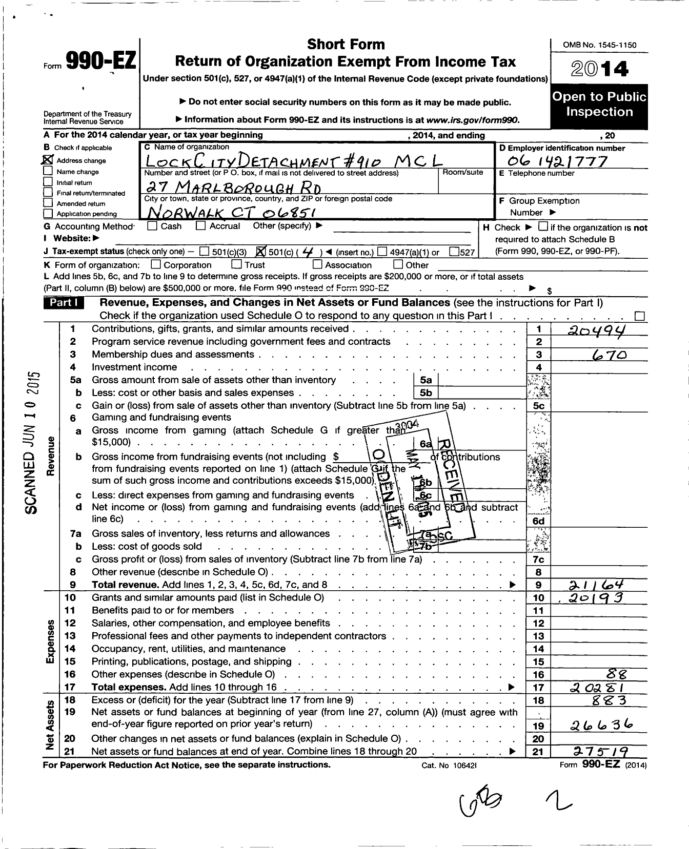 Image of first page of 2014 Form 990EO for Marine Corps League - 910 Lock City Detachment MCL