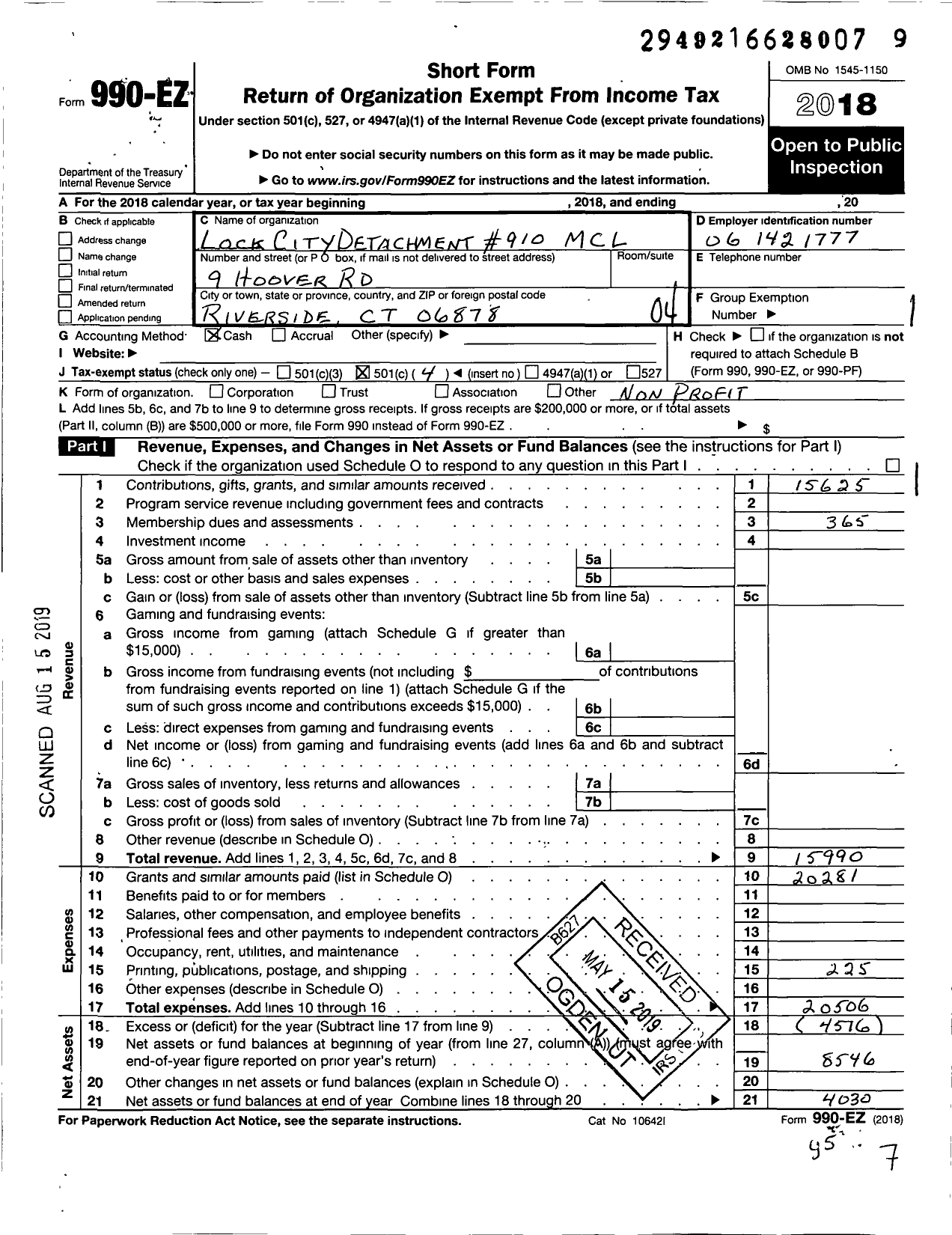 Image of first page of 2018 Form 990EO for Marine Corps League - 910 Lock City Detachment MCL