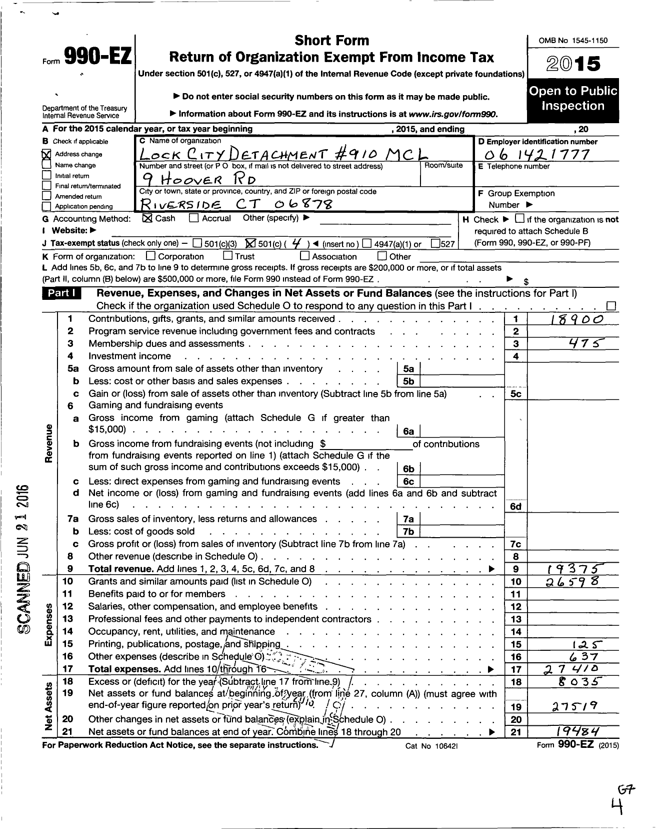 Image of first page of 2015 Form 990EO for Marine Corps League - 910 Lock City Detachment MCL