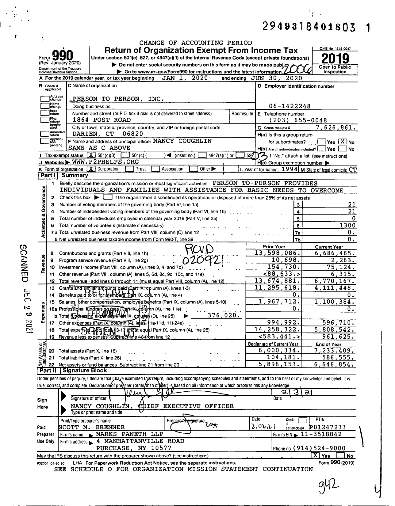 Image of first page of 2019 Form 990 for Person-to-Person (P2P)