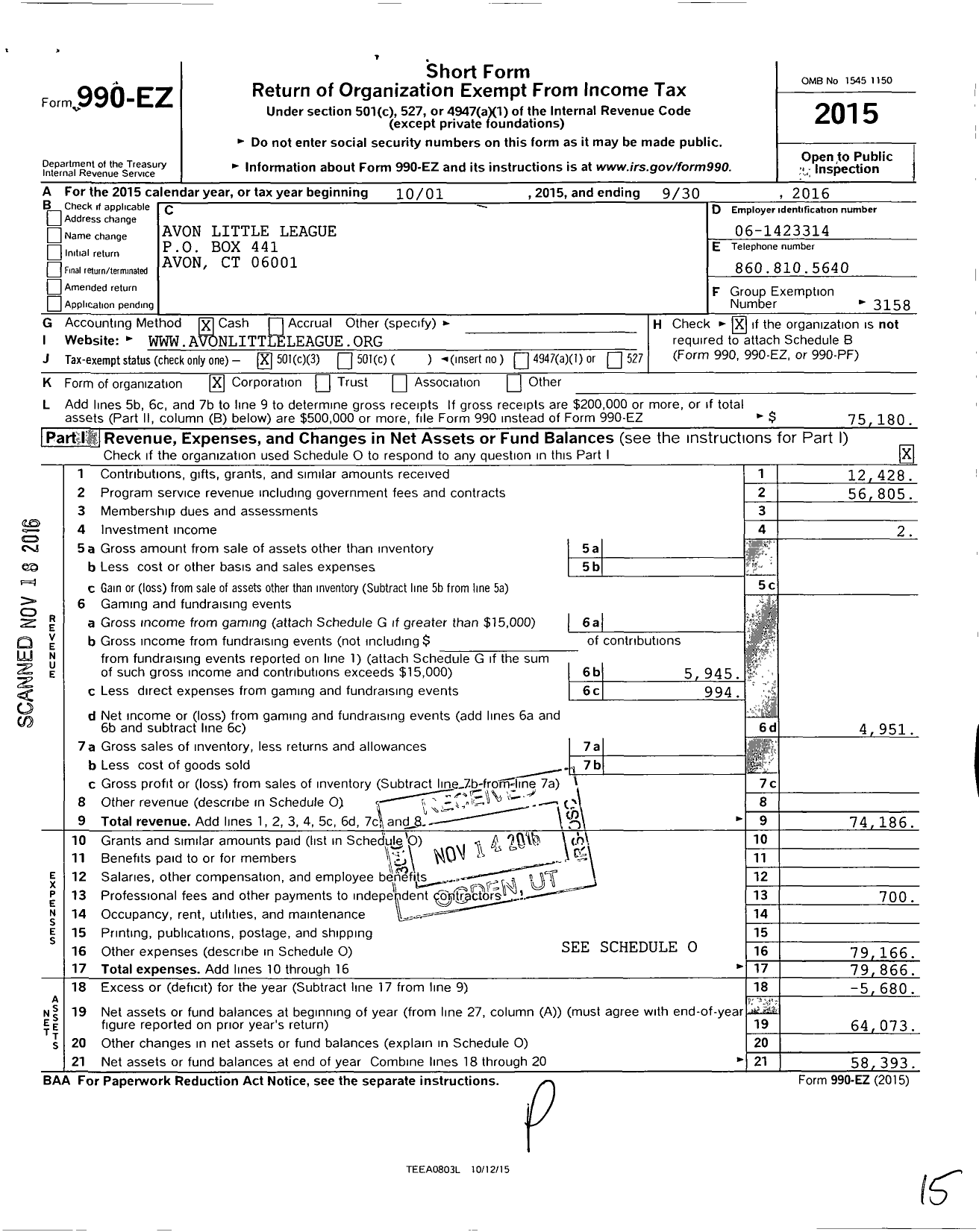 Image of first page of 2015 Form 990EZ for Little League Baseball - 2070601 Avon LL
