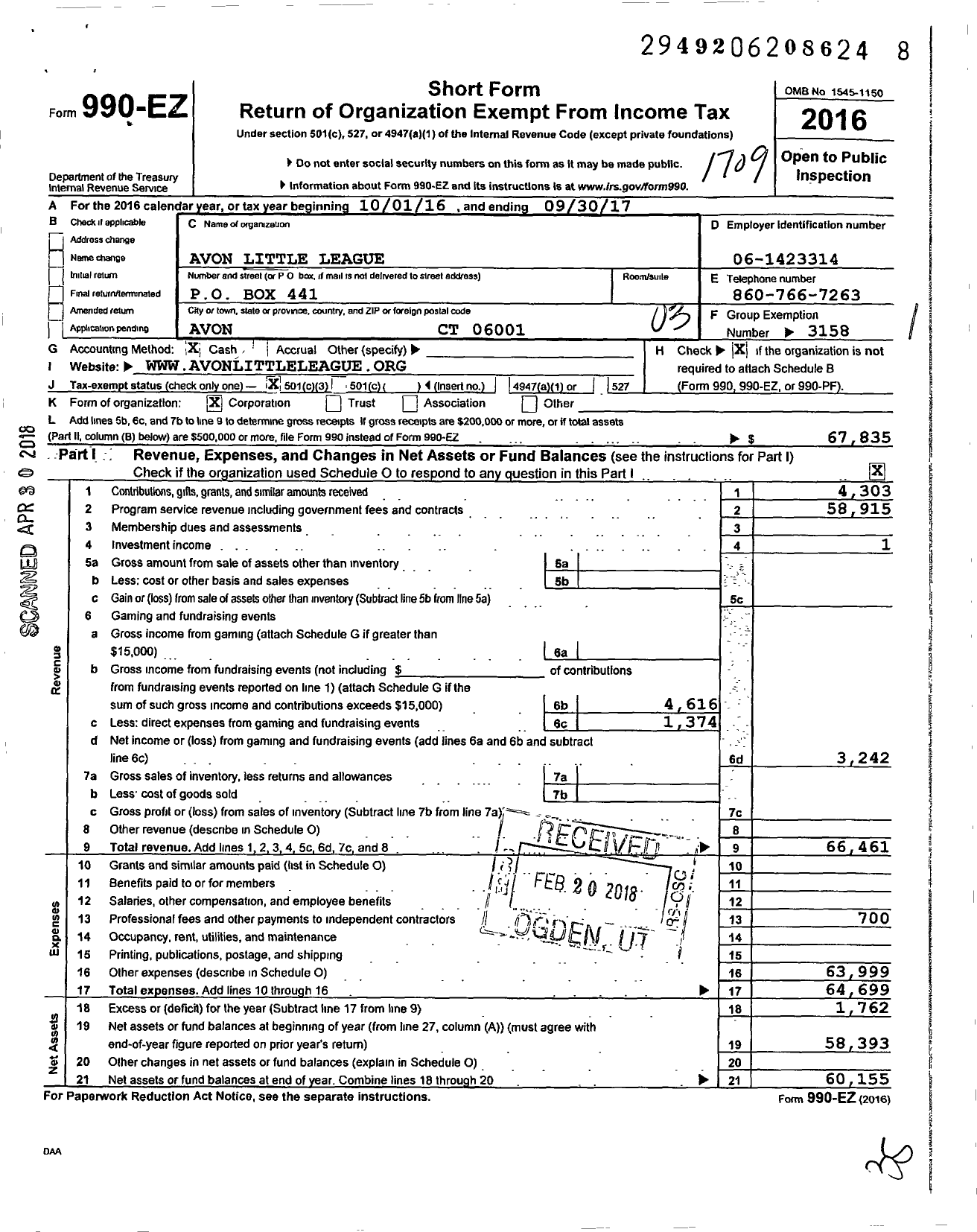 Image of first page of 2016 Form 990EZ for Little League Baseball - 2070601 Avon LL