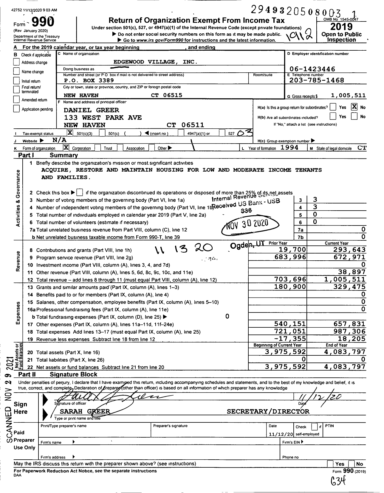 Image of first page of 2019 Form 990 for Edgewood Village