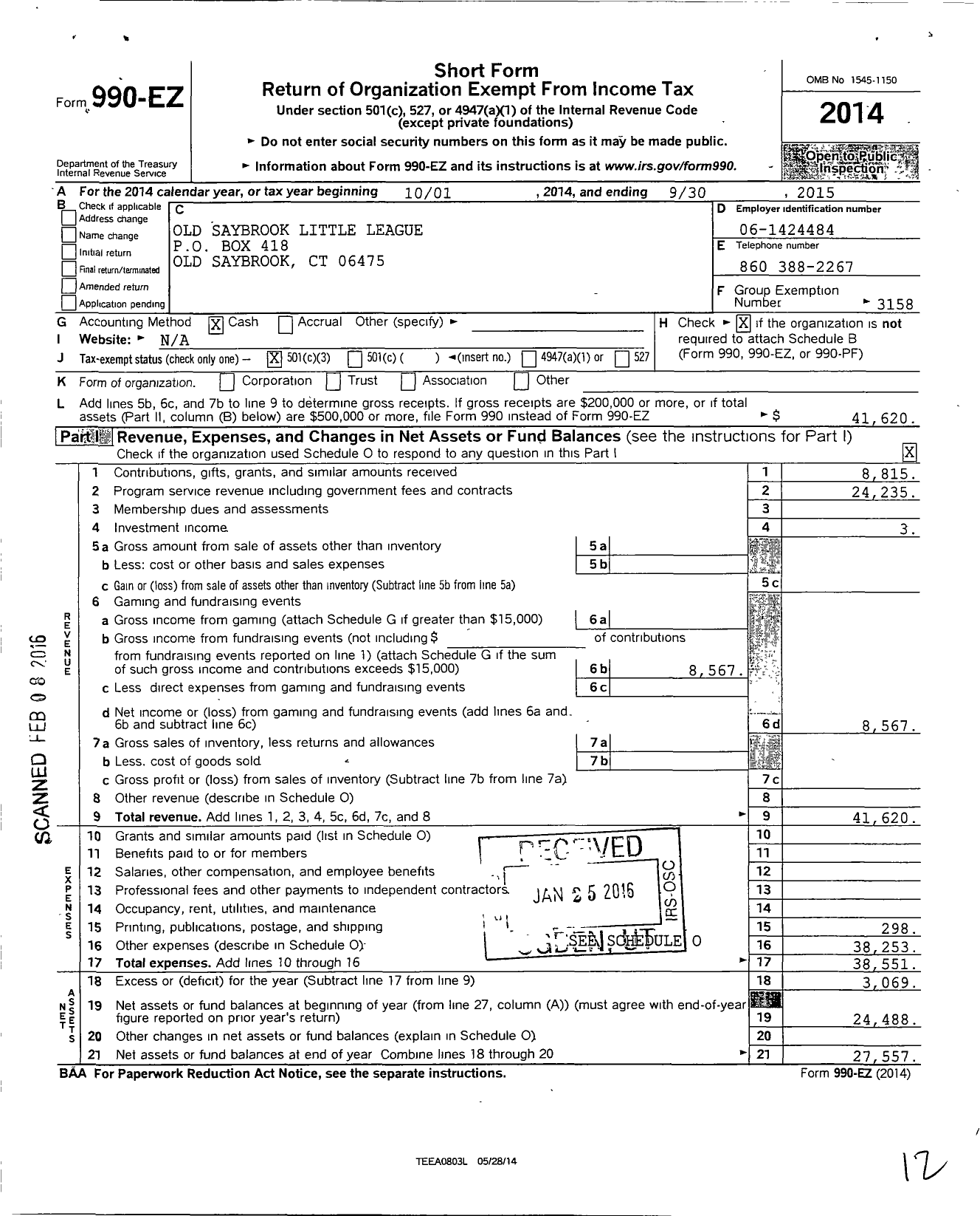 Image of first page of 2014 Form 990EZ for Little League Baseball - 2070910 Old Saybrook LL