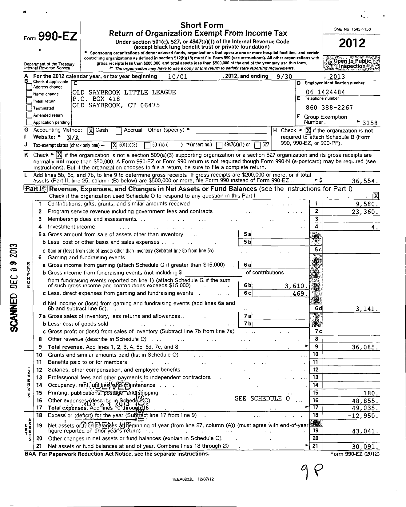 Image of first page of 2012 Form 990EZ for Little League Baseball - 2070910 Old Saybrook LL