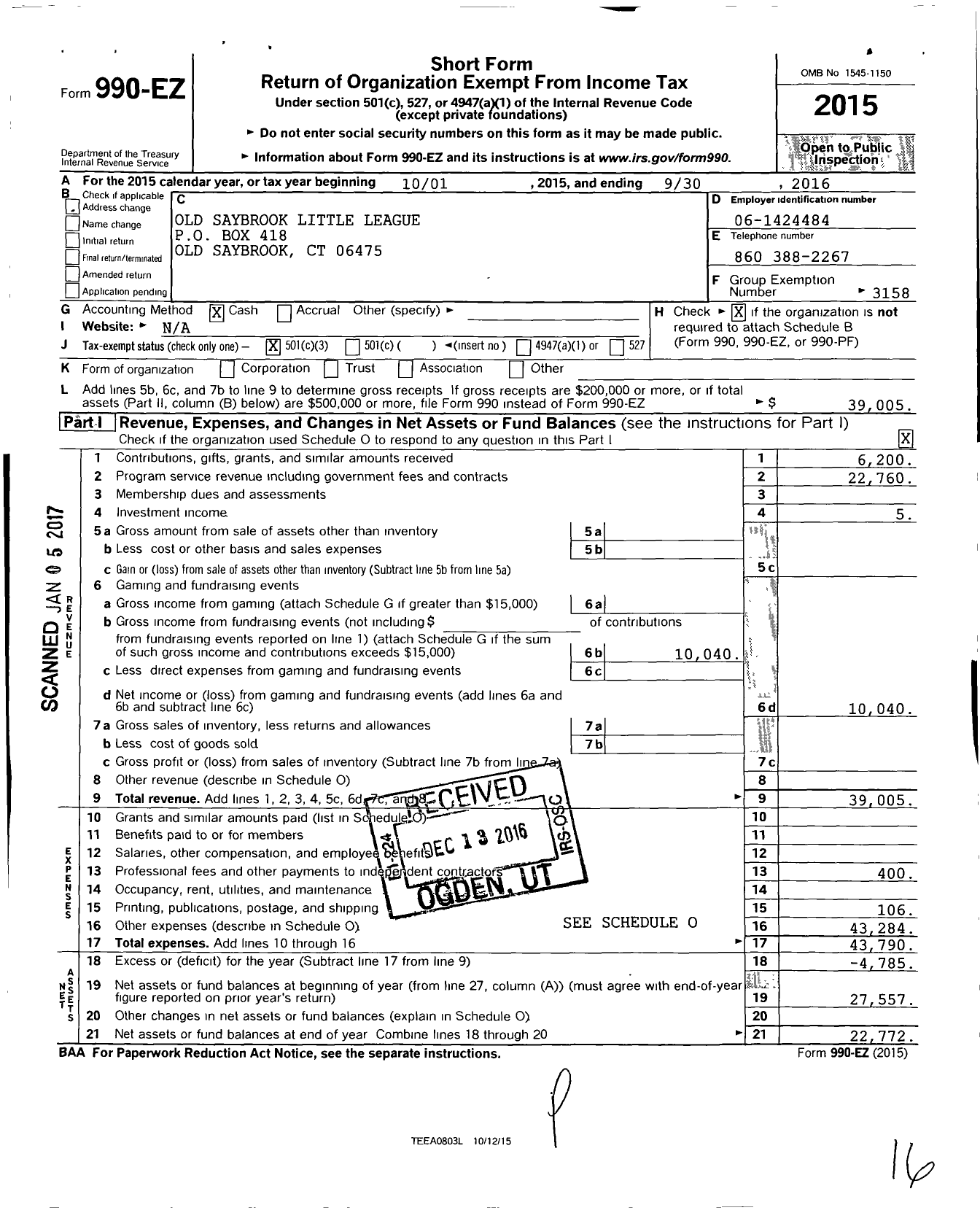 Image of first page of 2015 Form 990EZ for Little League Baseball - 2070910 Old Saybrook LL