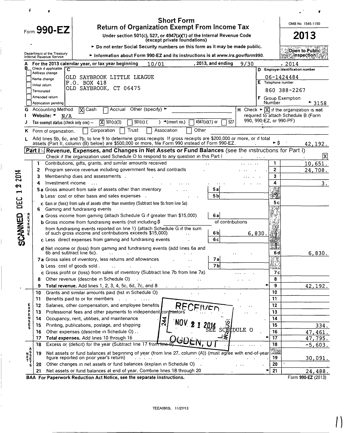 Image of first page of 2013 Form 990EZ for Little League Baseball - 2070910 Old Saybrook LL