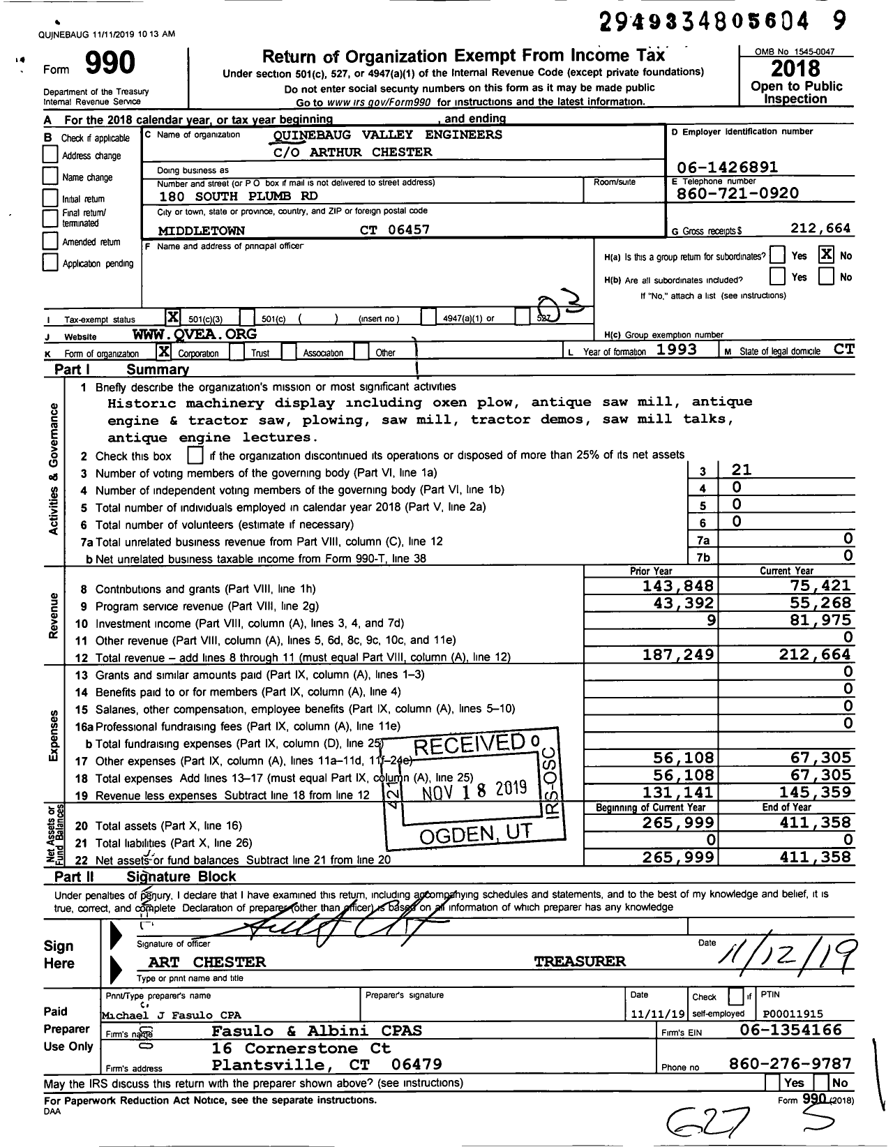 Image of first page of 2018 Form 990 for Quinebaug Valley Engineers