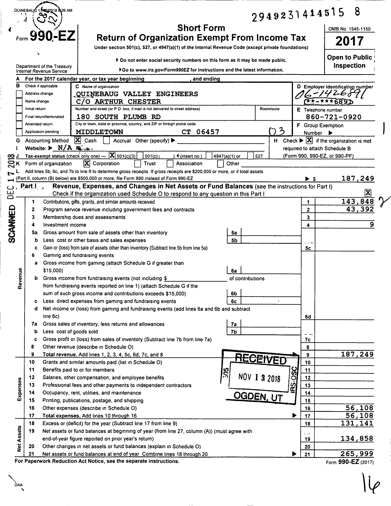 Image of first page of 2017 Form 990EZ for Quinebaug Valley Engineers