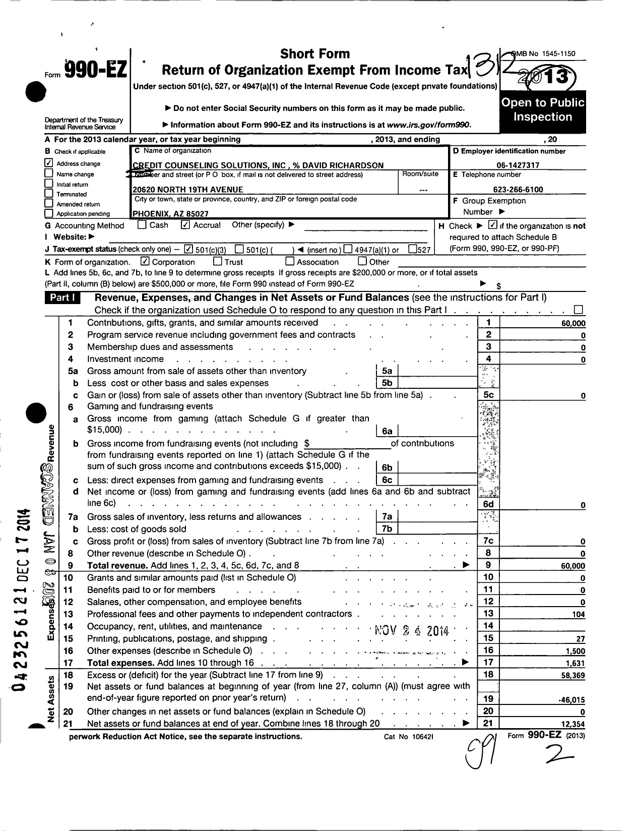 Image of first page of 2013 Form 990EZ for Credit Counseling Solutions