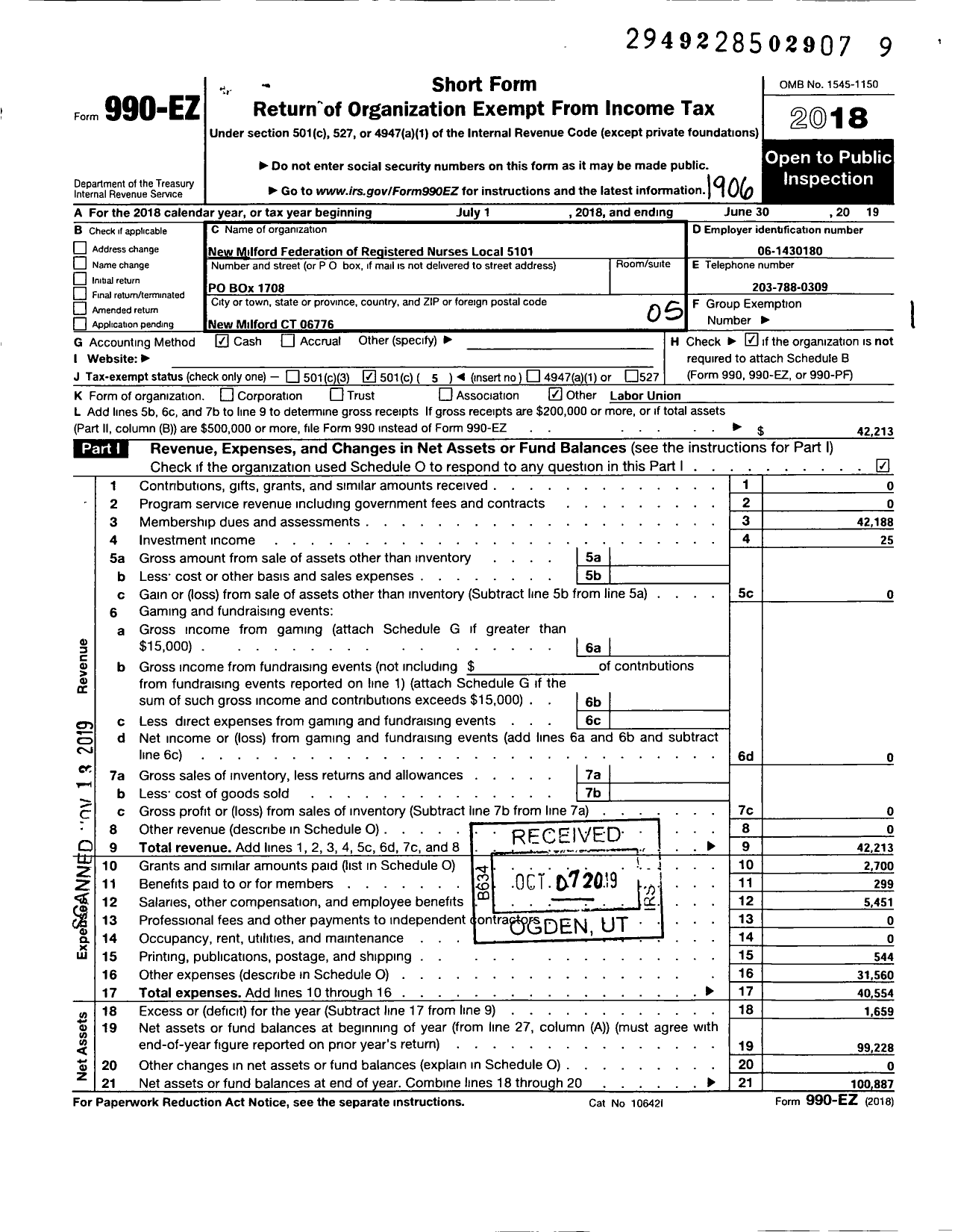 Image of first page of 2018 Form 990EO for American Federation of Teachers - 5101 New Milford Fed of Nurses