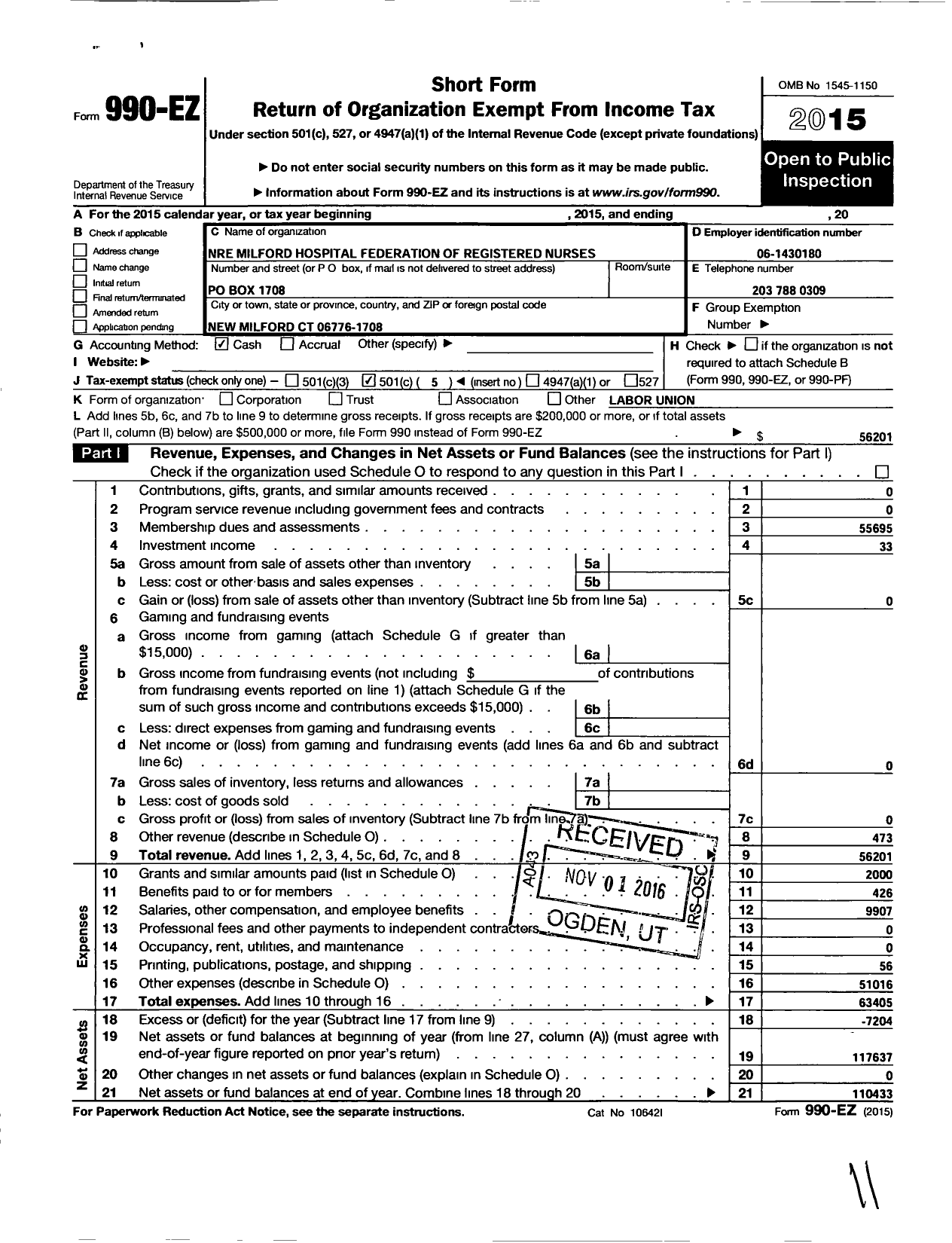 Image of first page of 2015 Form 990EO for American Federation of Teachers - 5101 New Milford Fed of Nurses