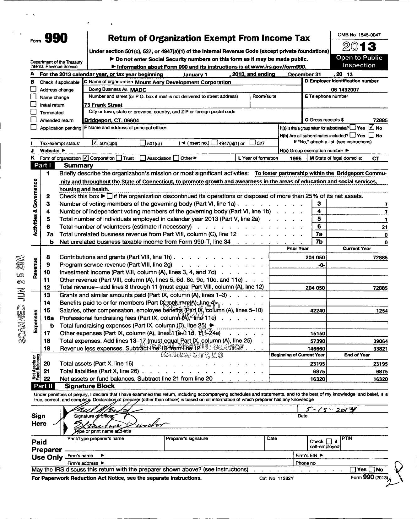 Image of first page of 2013 Form 990 for Mount Aery Development Corporation