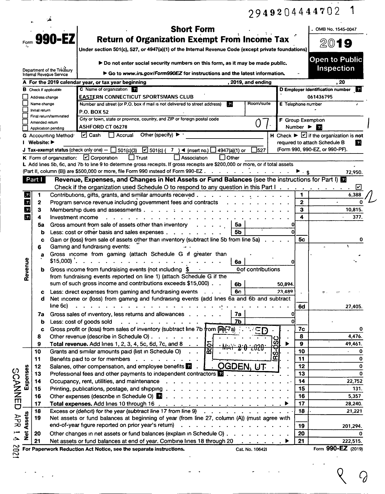 Image of first page of 2019 Form 990EO for Eastern Connecticut Sportsmans Club