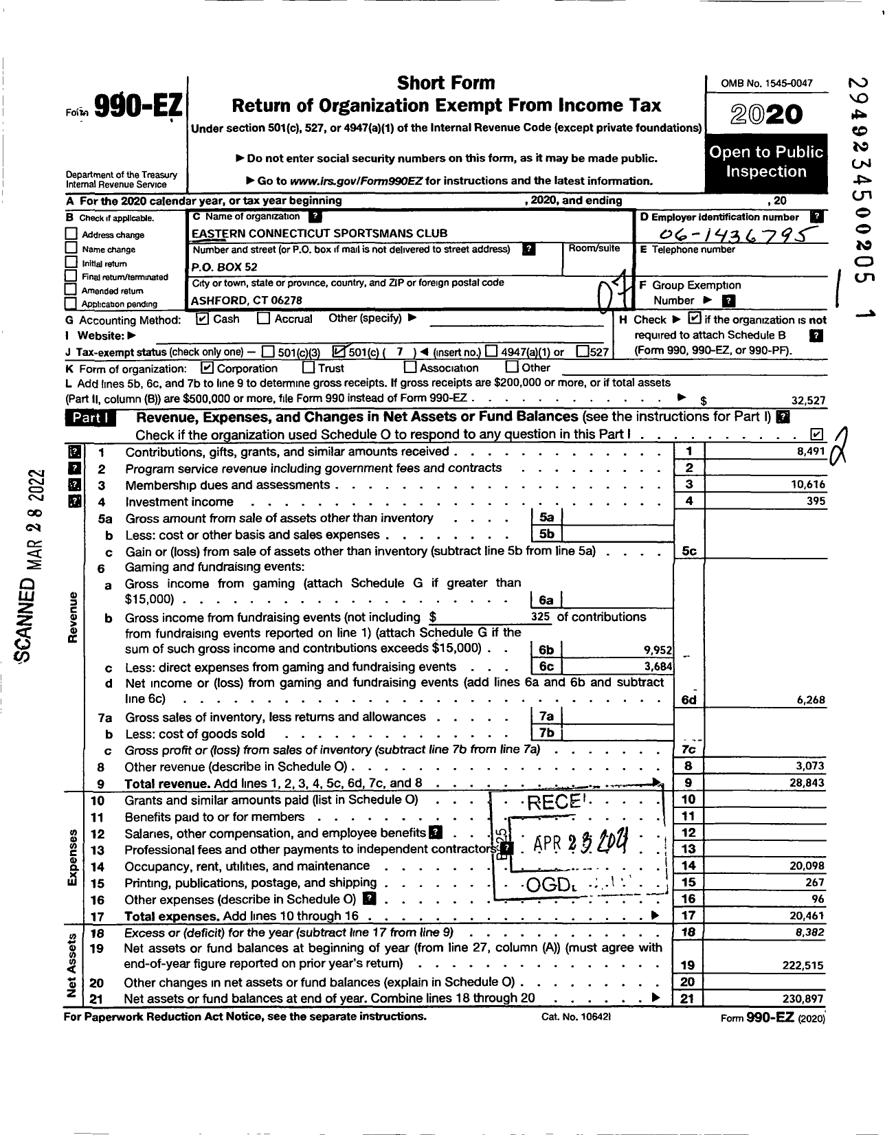 Image of first page of 2020 Form 990EO for Eastern Connecticut Sportsmans Club