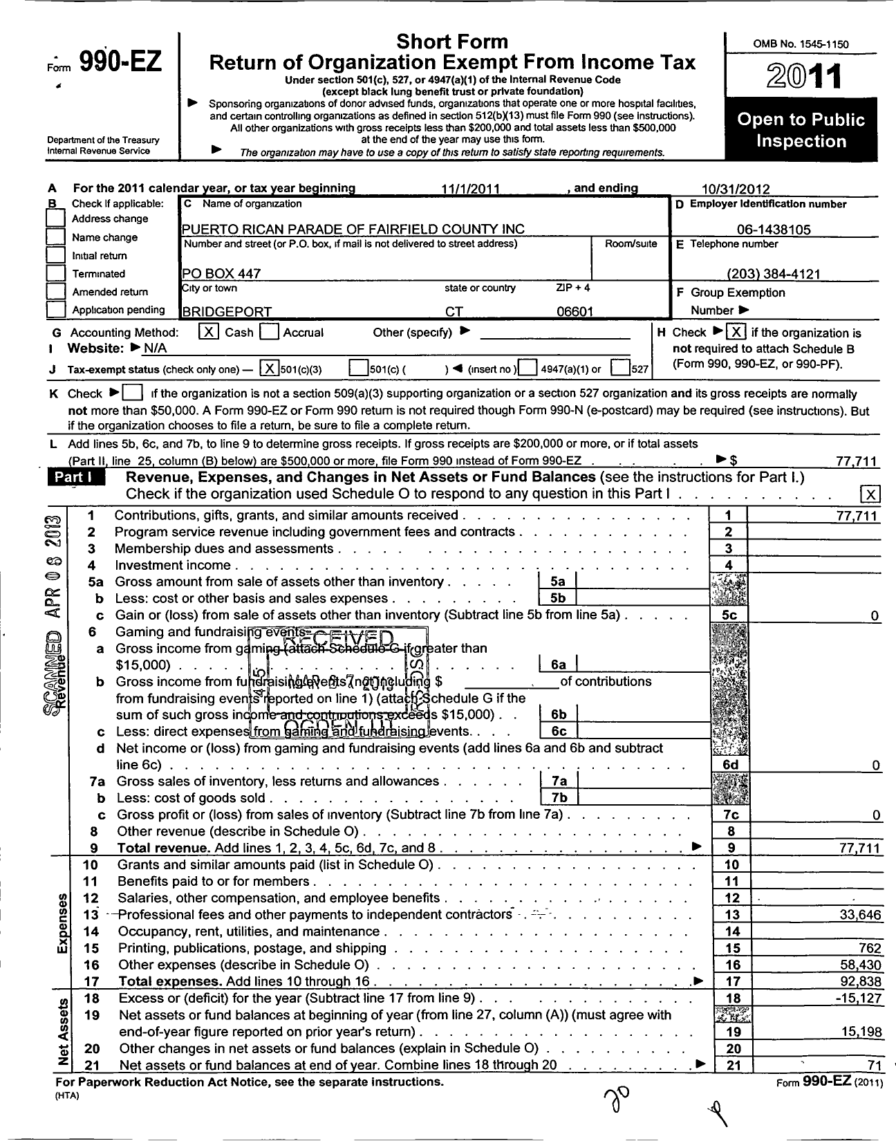 Image of first page of 2011 Form 990EZ for Puerto Rican Parade of Fairfield County