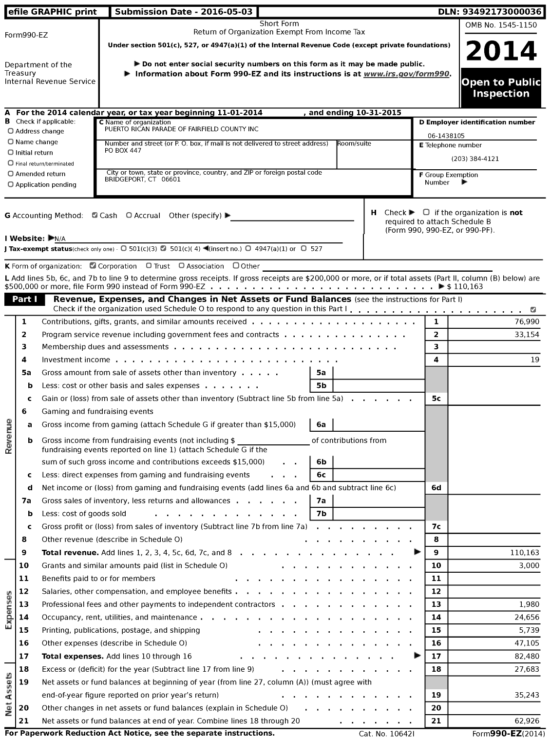 Image of first page of 2014 Form 990EZ for Puerto Rican Parade of Fairfield County