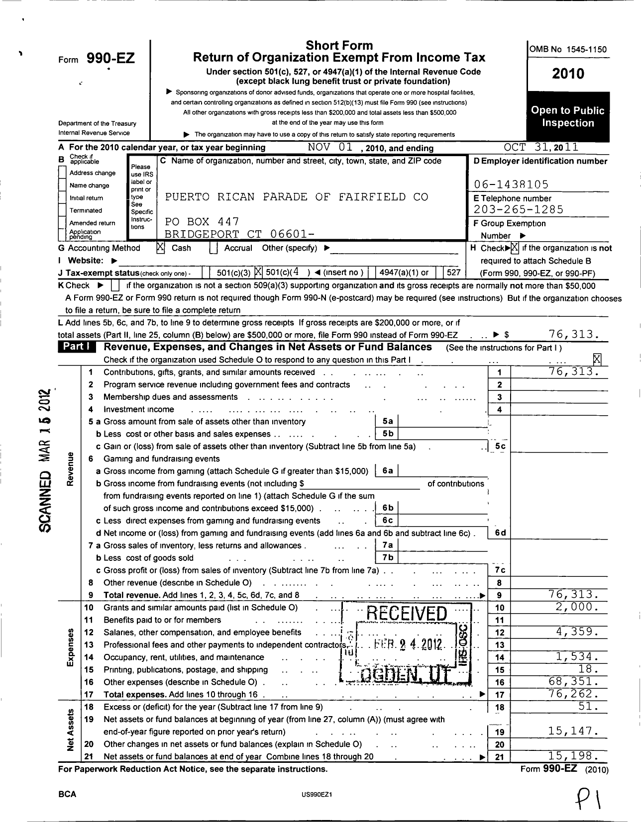 Image of first page of 2010 Form 990EO for Puerto Rican Parade of Fairfield County