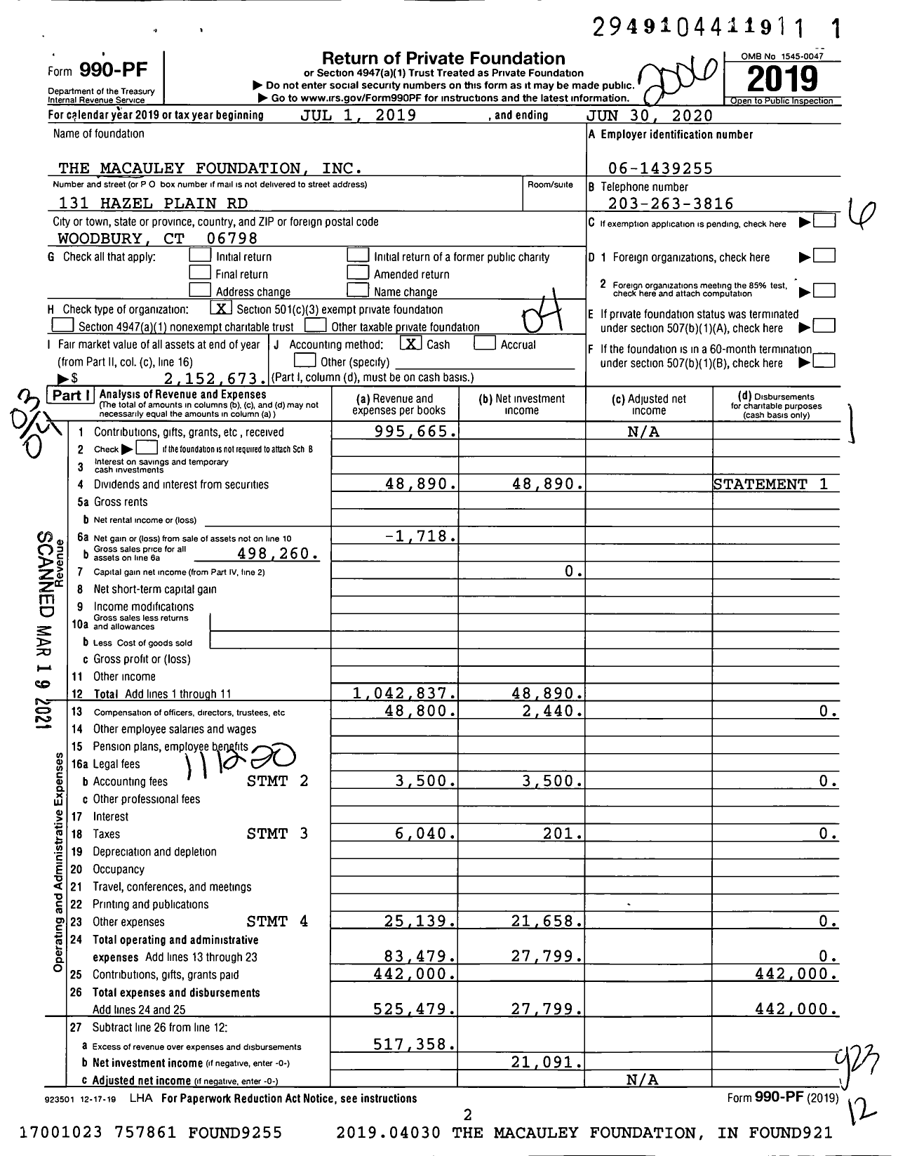 Image of first page of 2019 Form 990PF for The Macauley Foundation