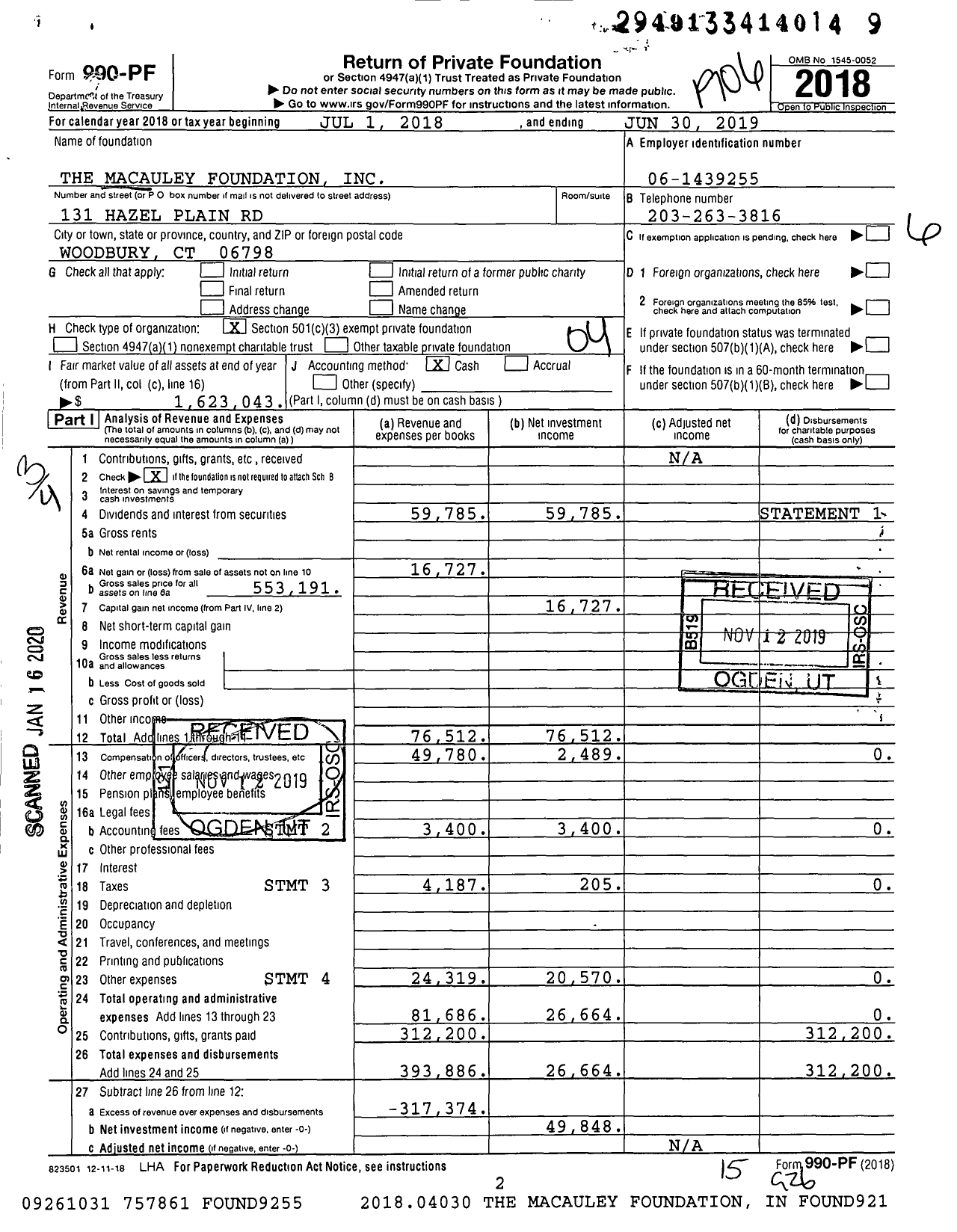 Image of first page of 2018 Form 990PF for The Macauley Foundation