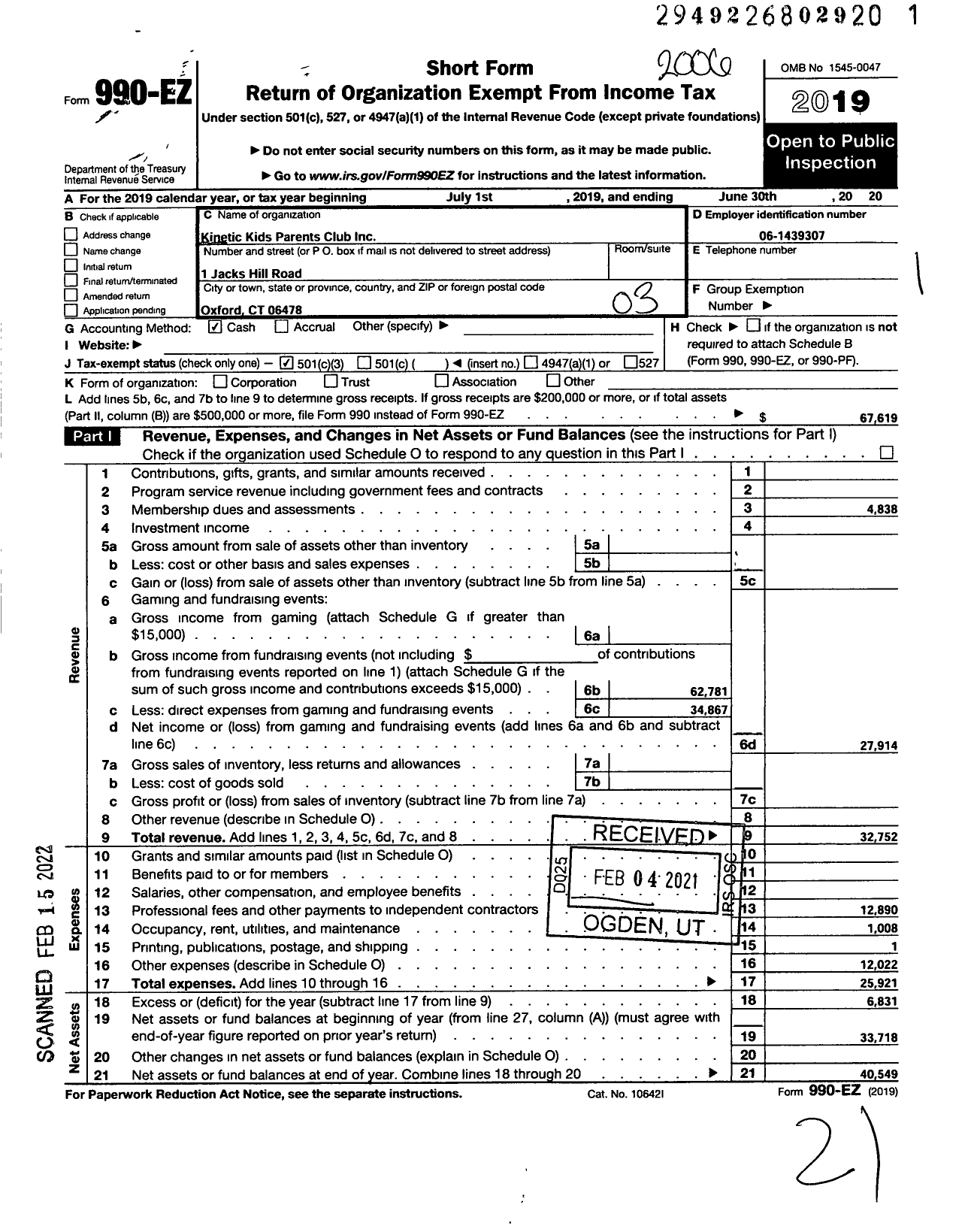 Image of first page of 2019 Form 990EZ for Kinetic Kids Parents Club