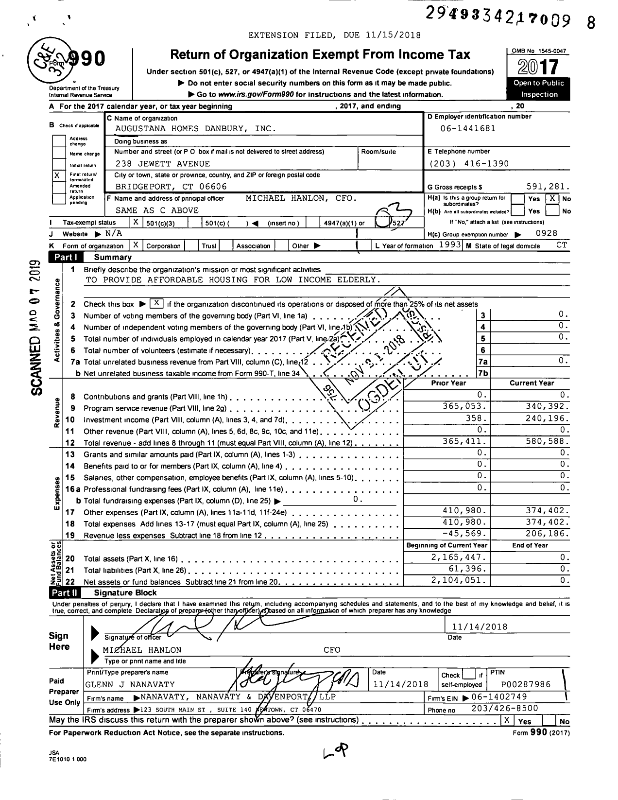 Image of first page of 2017 Form 990 for Augustana Homes Danbury