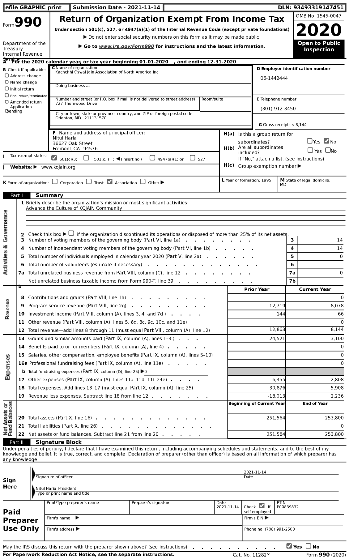 Image of first page of 2020 Form 990 for Kachchhi Oswal Jain Association of North America