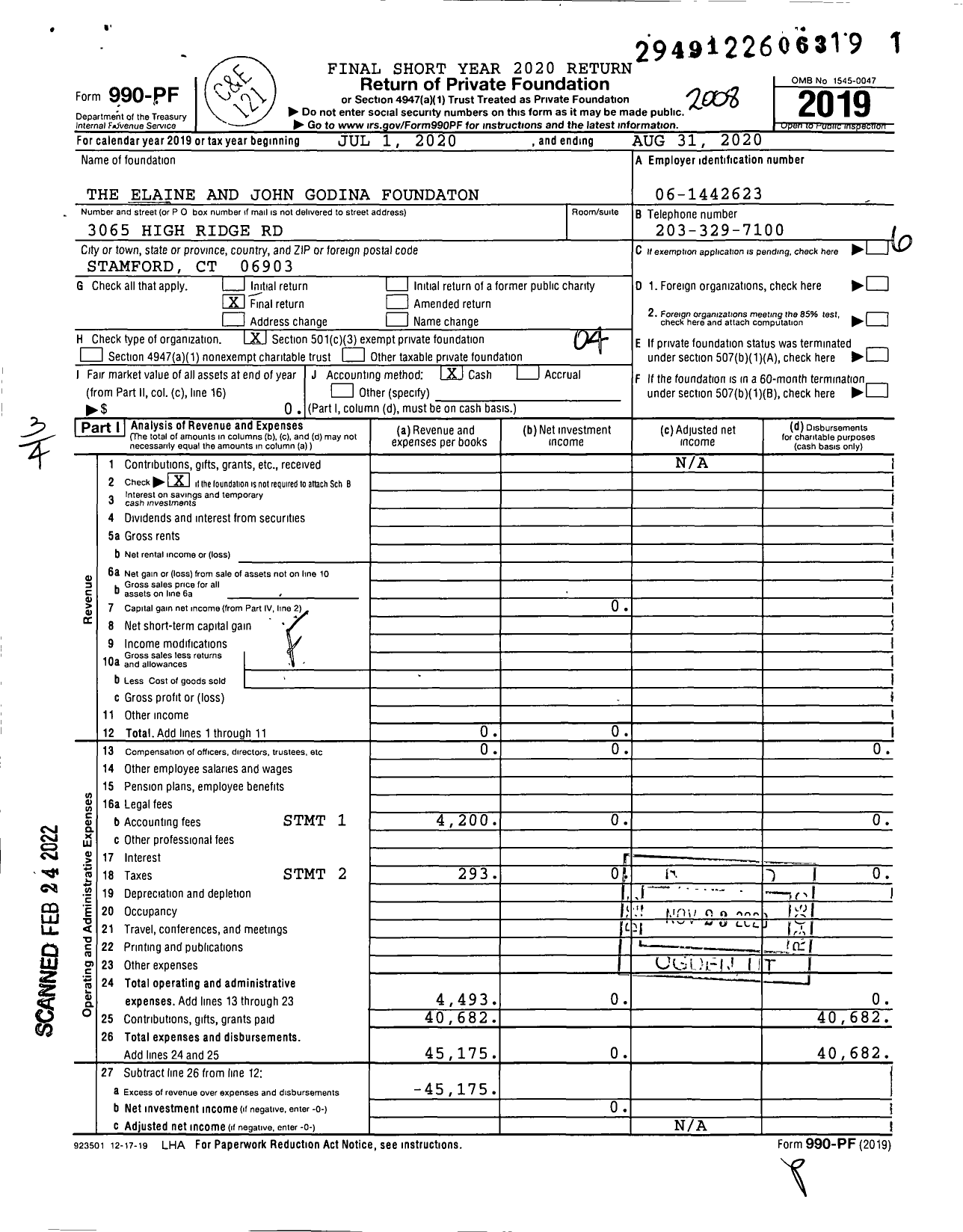 Image of first page of 2019 Form 990PF for The Elaine and John Godina Foundation