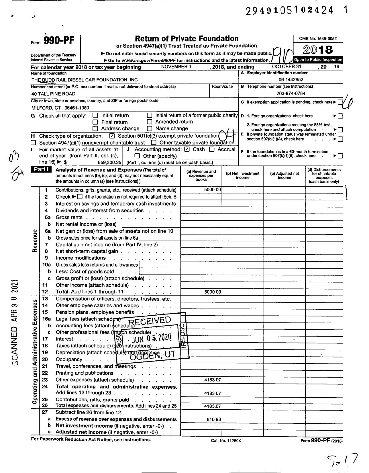 Image of first page of 2018 Form 990PF for The Budd Rail Diesel Car Foundation