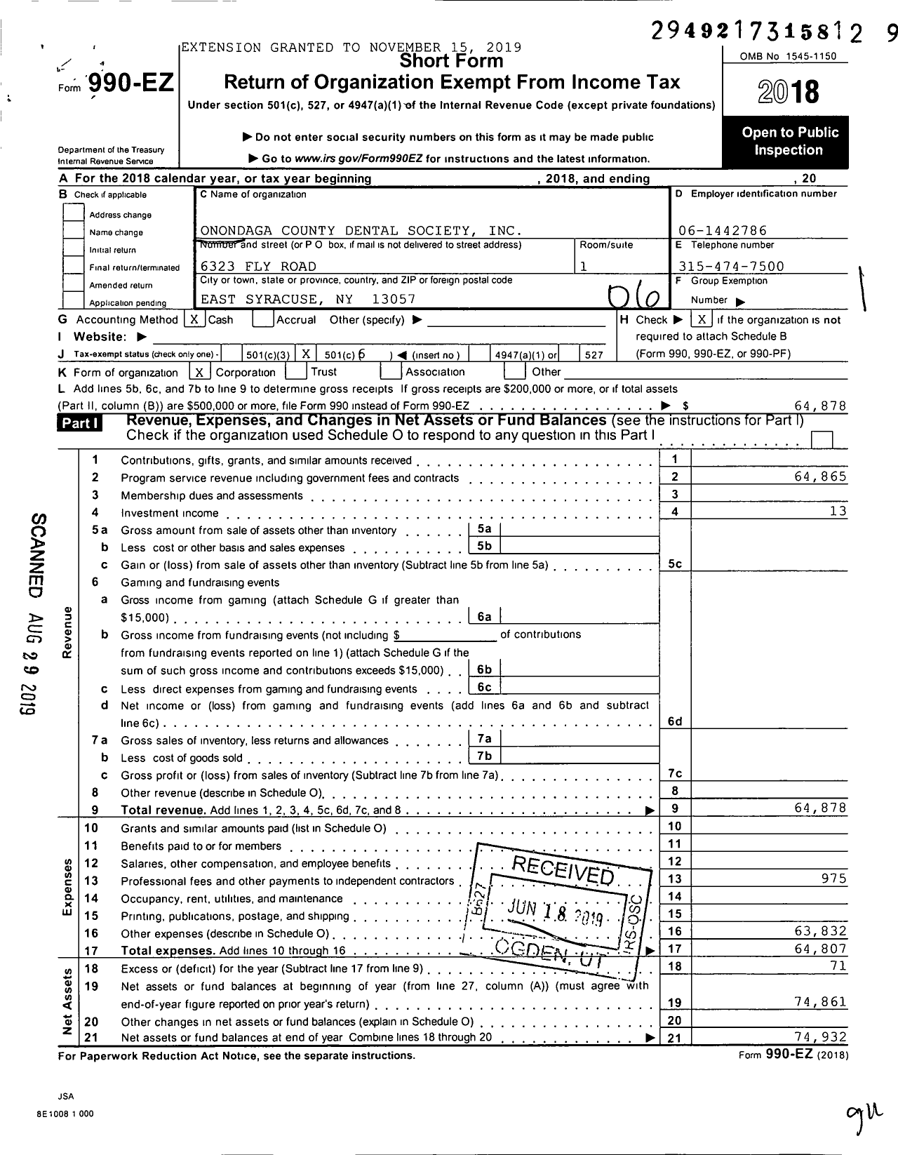 Image of first page of 2018 Form 990EO for Onondaga County Dental Society