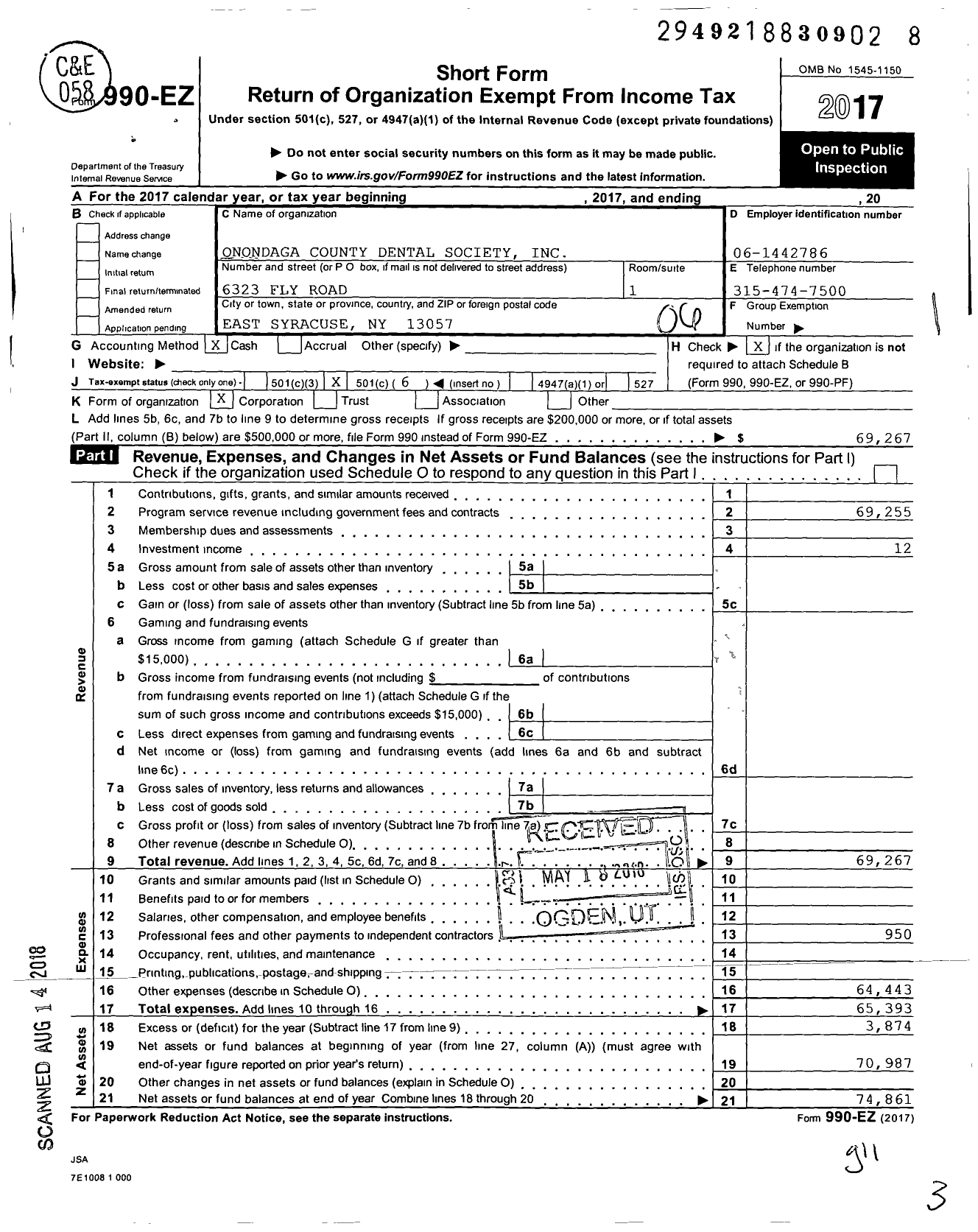 Image of first page of 2017 Form 990EO for Onondaga County Dental Society