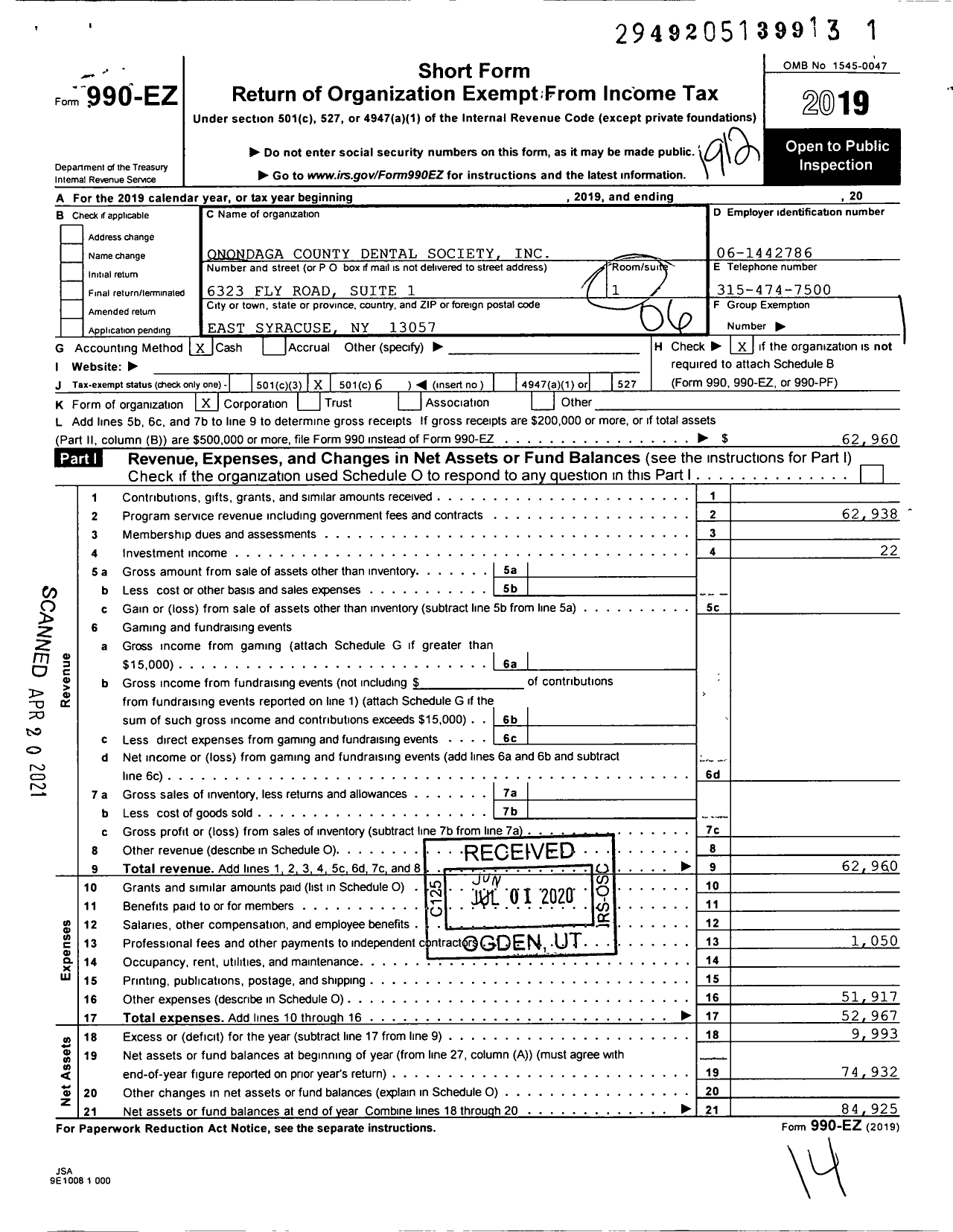 Image of first page of 2019 Form 990EO for Onondaga County Dental Society