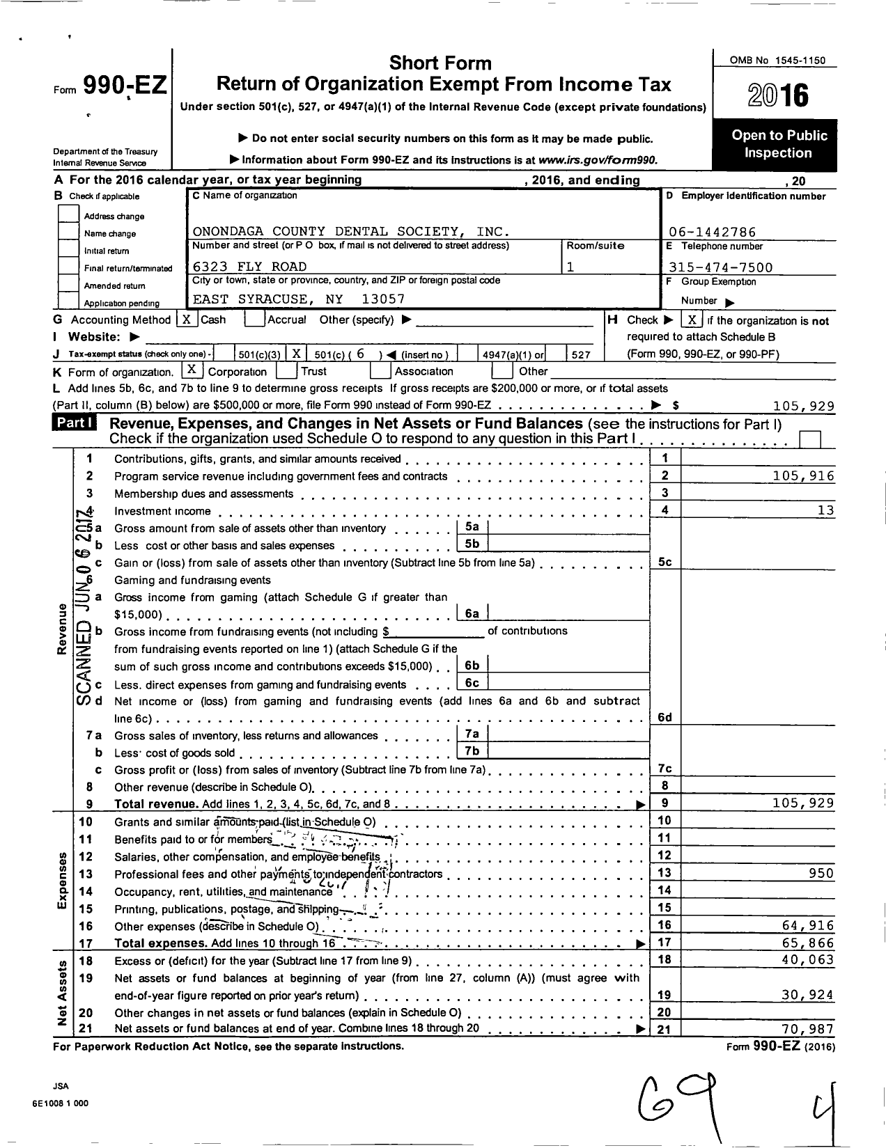 Image of first page of 2016 Form 990EO for Onondaga County Dental Society