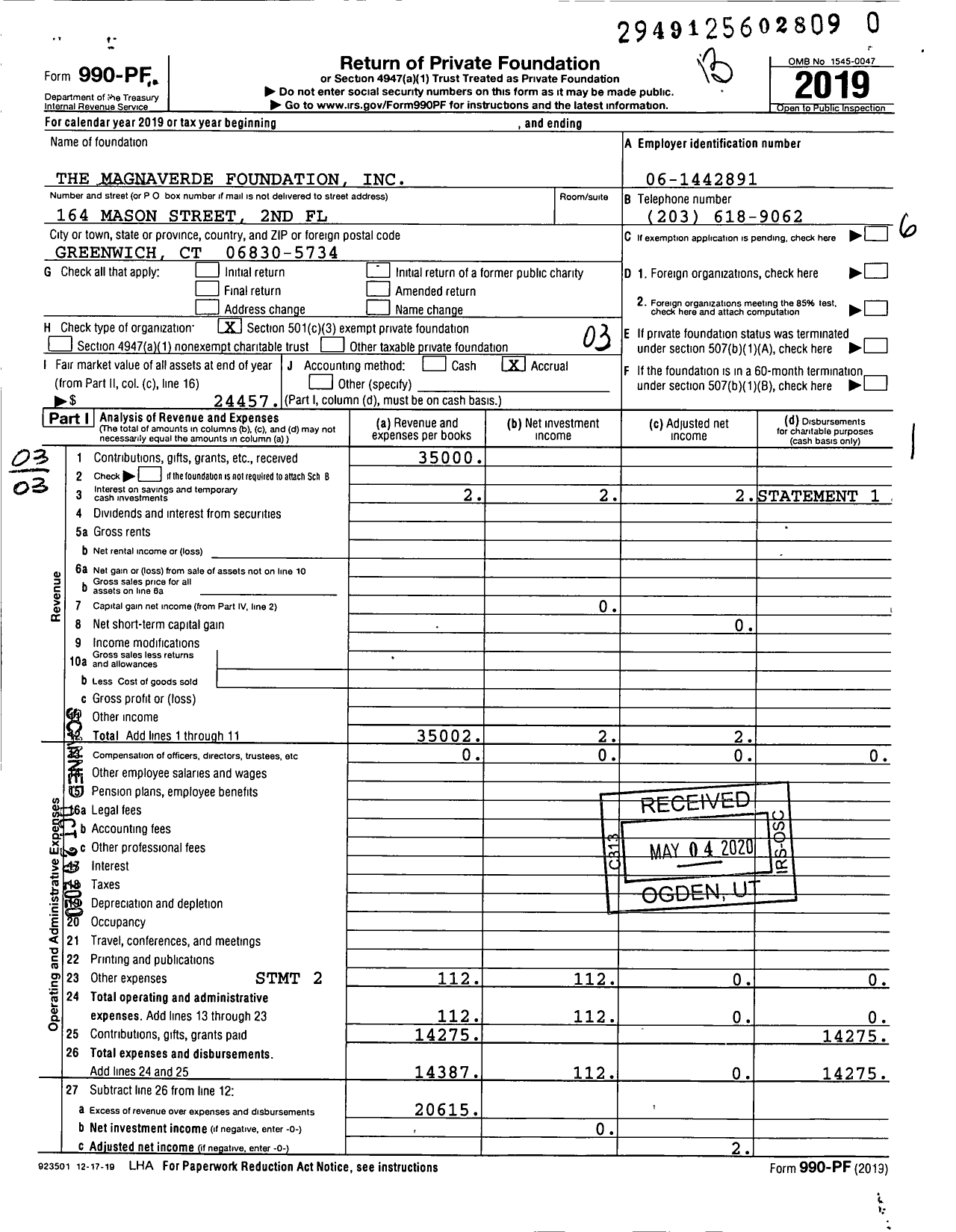 Image of first page of 2019 Form 990PR for The Magnaverde Foundation