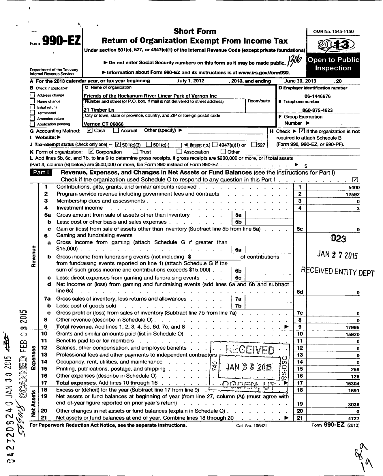 Image of first page of 2012 Form 990EZ for Vernon Greenways Volunteers