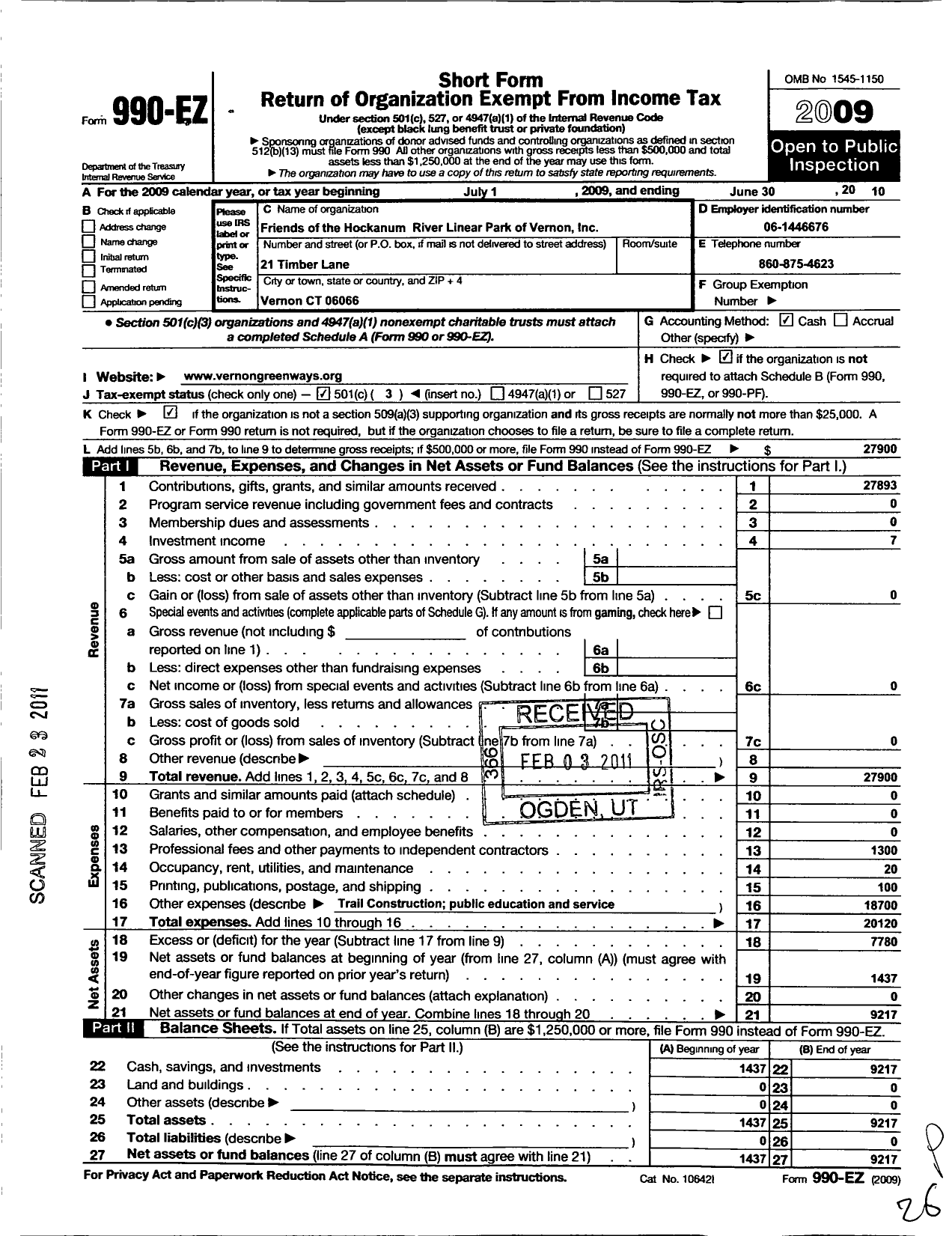 Image of first page of 2009 Form 990EZ for Vernon Greenways Volunteers