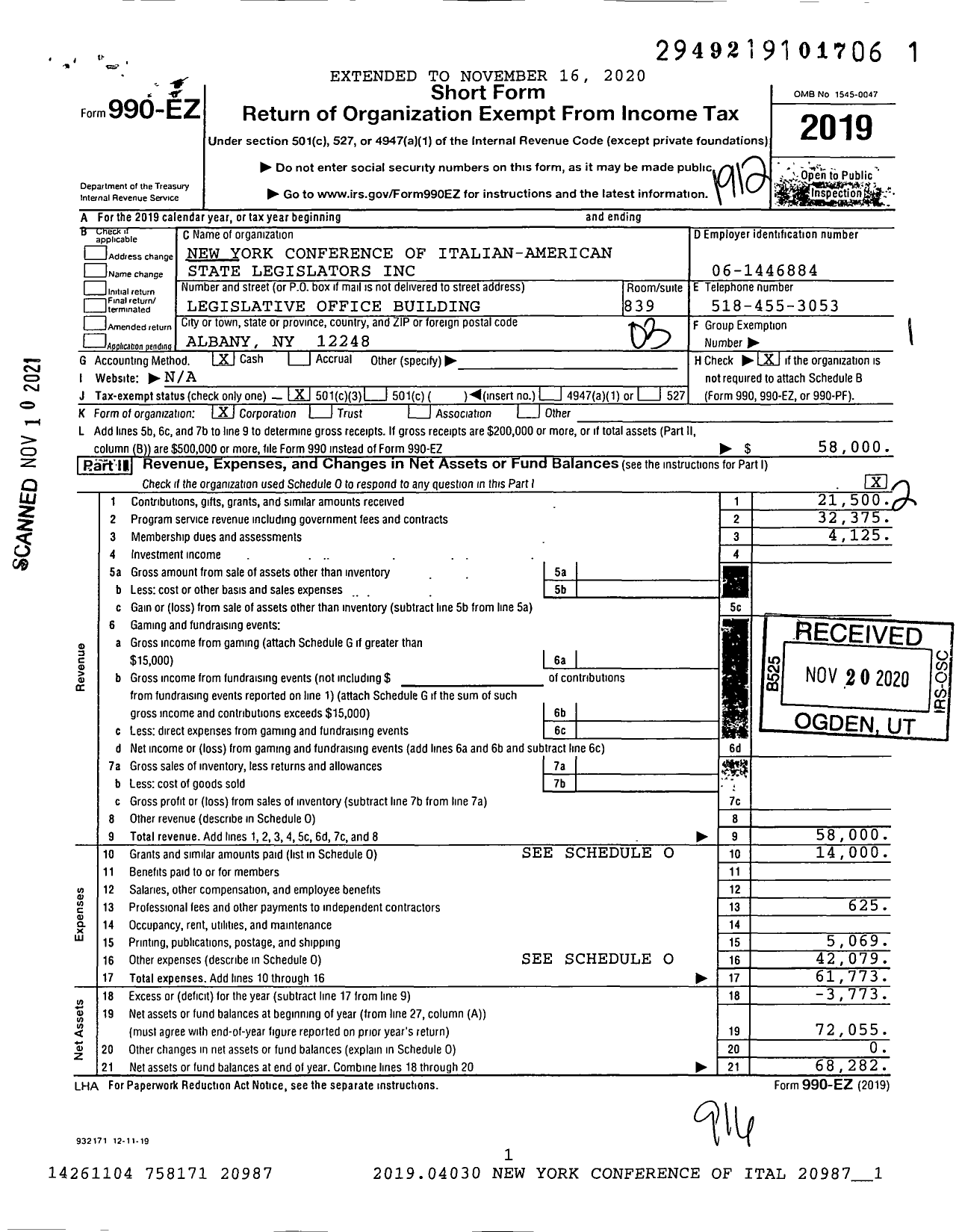 Image of first page of 2019 Form 990EZ for New York Conference of Italian-American State Legislators