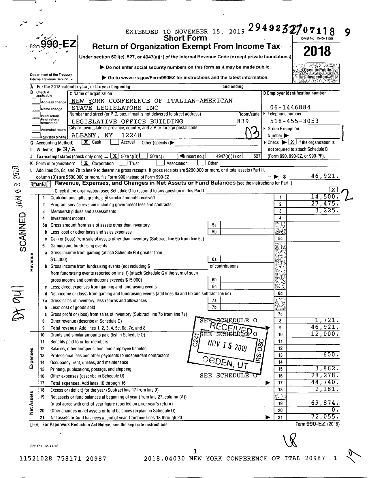 Image of first page of 2018 Form 990EZ for New York Conference of Italian-American State Legislators