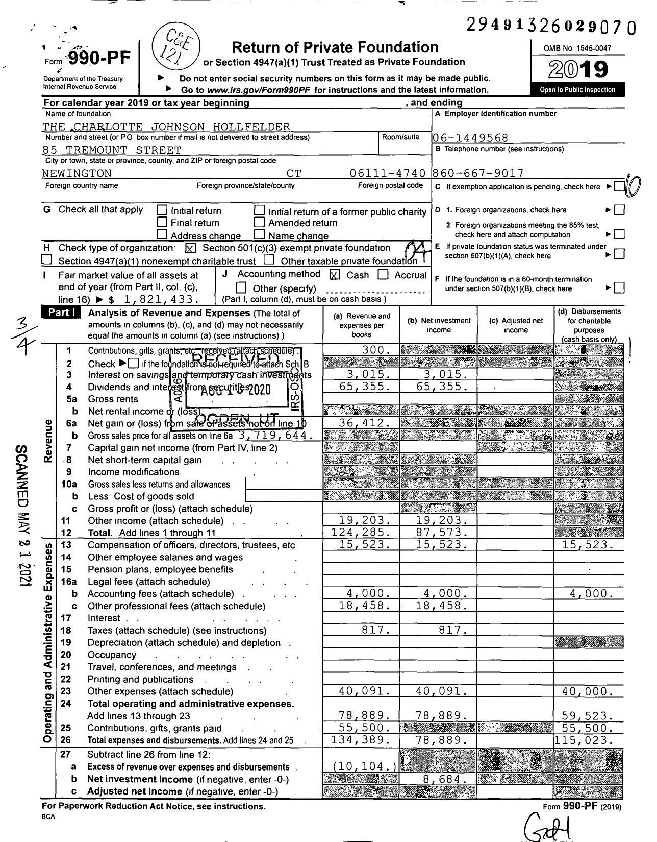 Image of first page of 2019 Form 990PF for The Charlotte Johnson Hollfelder Foundation