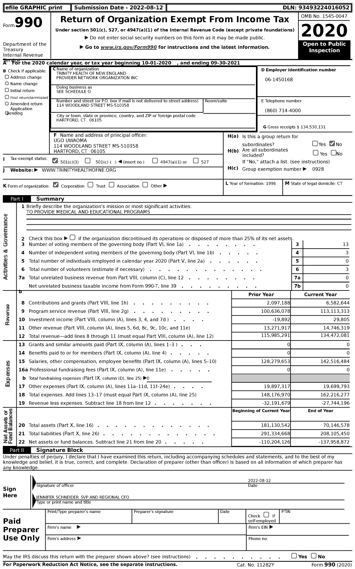 Image of first page of 2020 Form 990 for Trinity Health of New England Provider Network Organization